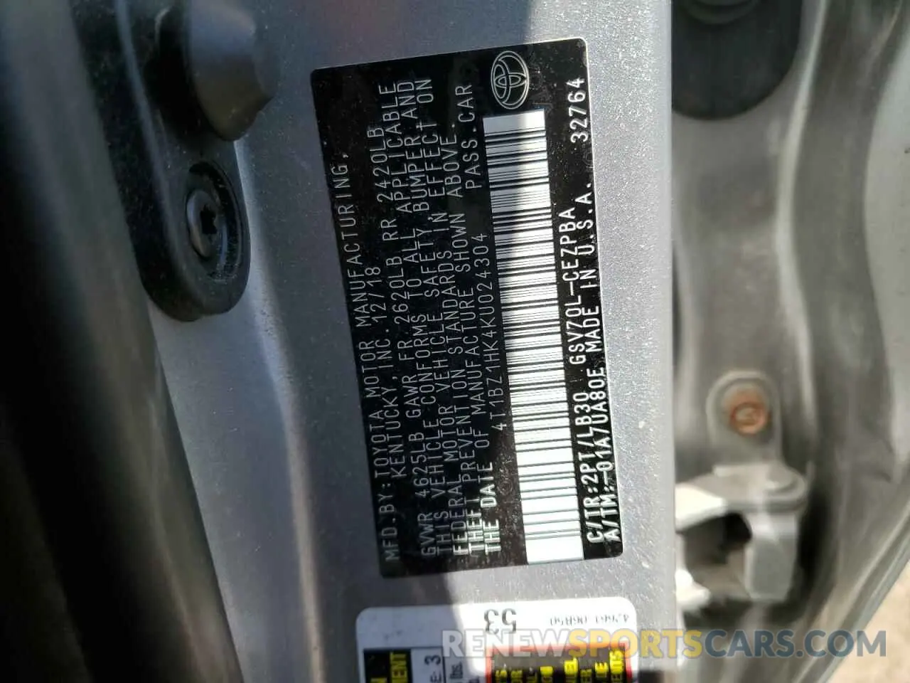 12 fotografías del automóvil dañado 4T1BZ1HK4KU024304 TOYOTA CAMRY 2019