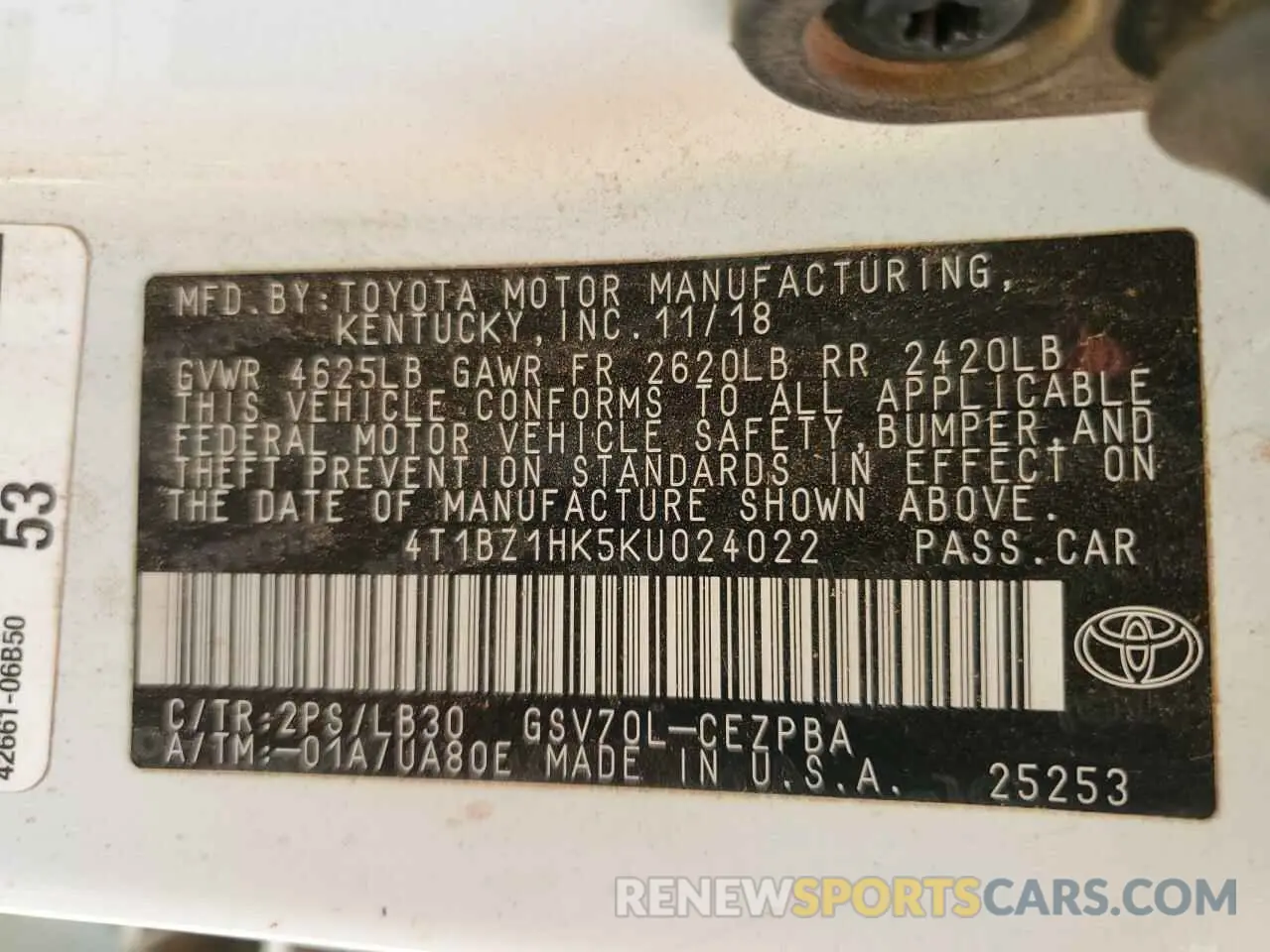 12 fotografías del automóvil dañado 4T1BZ1HK5KU024022 TOYOTA CAMRY 2019