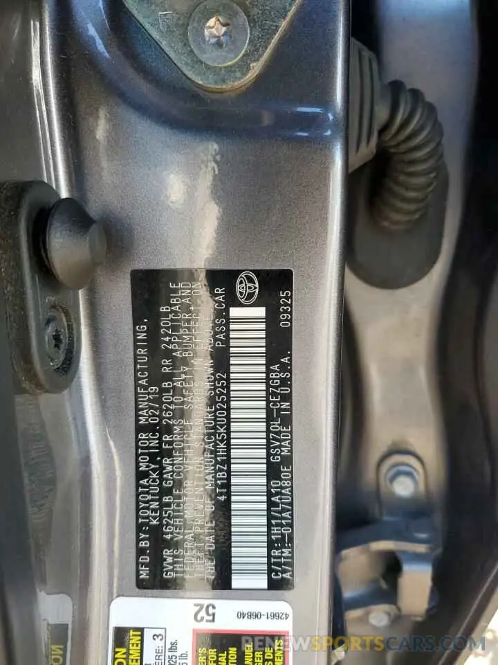 12 fotografías del automóvil dañado 4T1BZ1HK5KU025252 TOYOTA CAMRY 2019