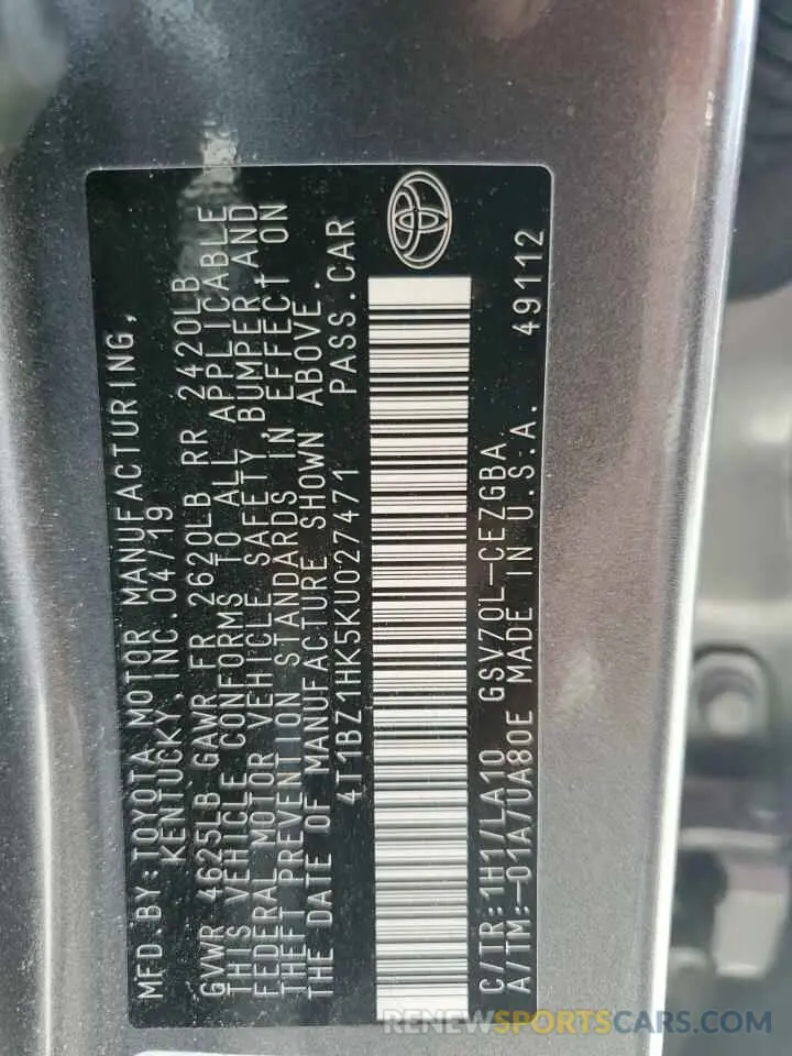 12 fotografías del automóvil dañado 4T1BZ1HK5KU027471 TOYOTA CAMRY 2019