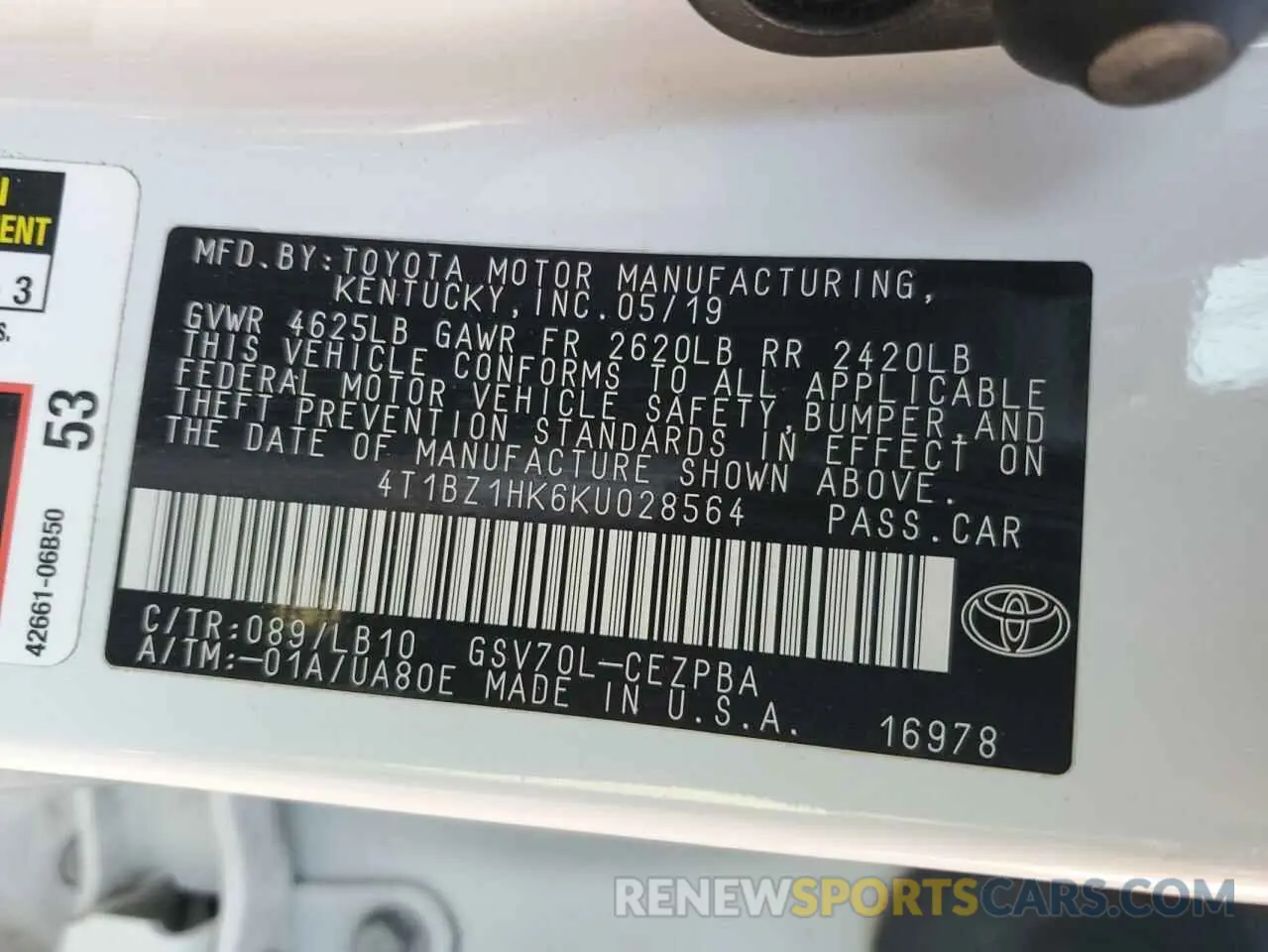 12 fotografías del automóvil dañado 4T1BZ1HK6KU028564 TOYOTA CAMRY 2019