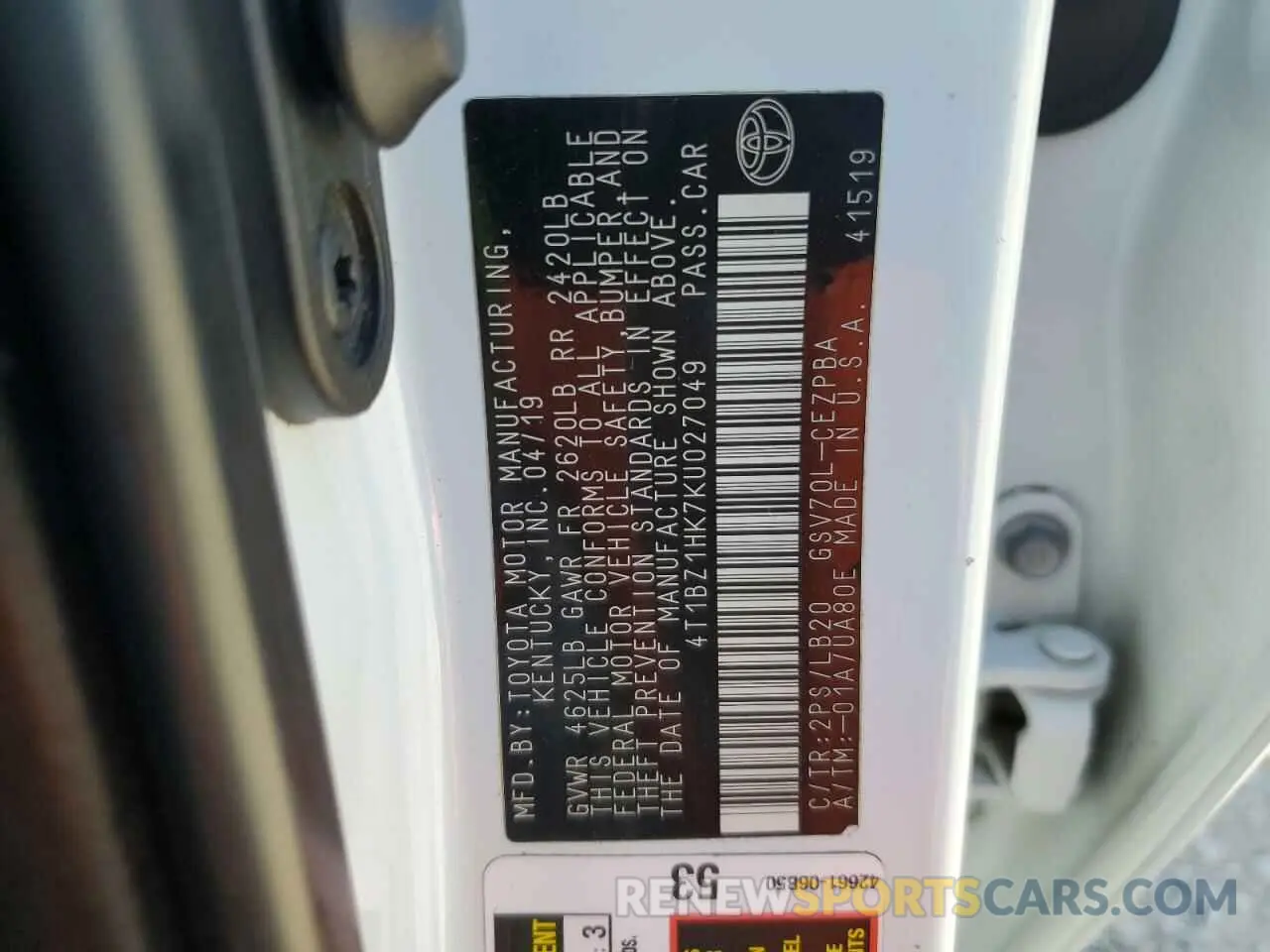 13 fotografías del automóvil dañado 4T1BZ1HK7KU027049 TOYOTA CAMRY 2019
