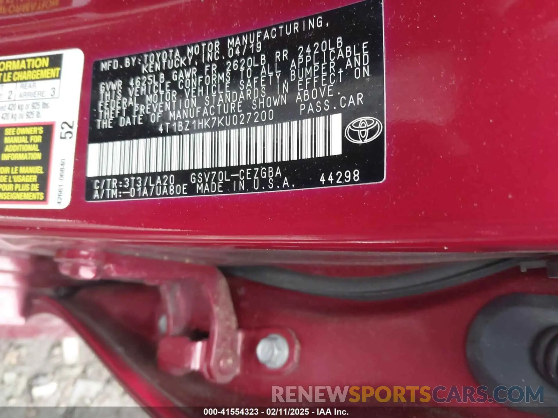 9 fotografías del automóvil dañado 4T1BZ1HK7KU027200 TOYOTA CAMRY 2019