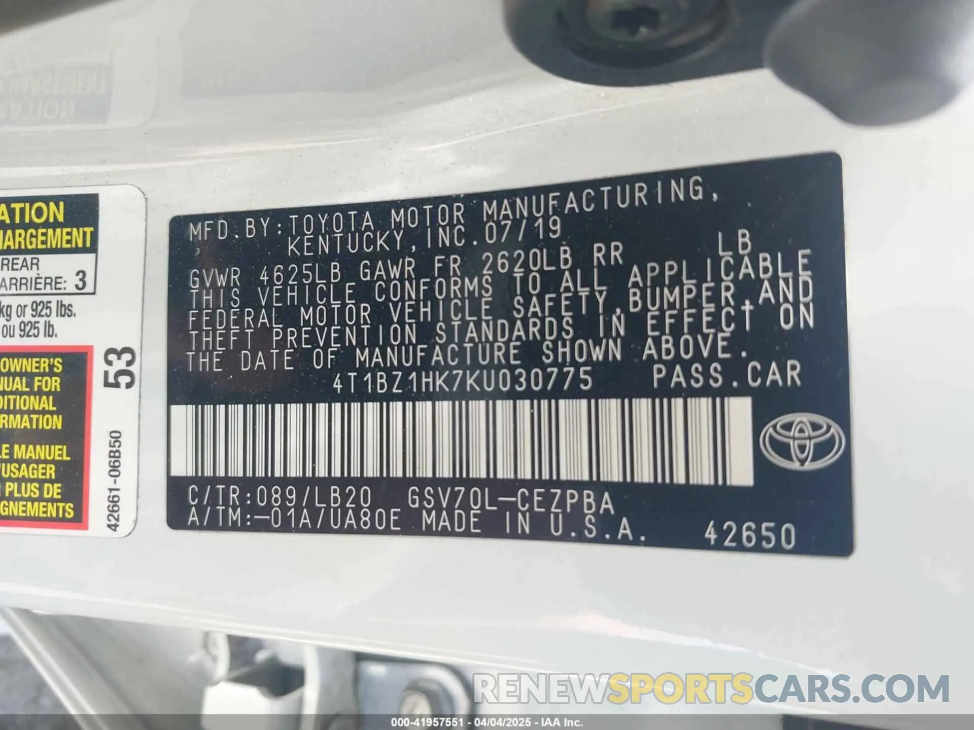 9 fotografías del automóvil dañado 4T1BZ1HK7KU030775 TOYOTA CAMRY 2019
