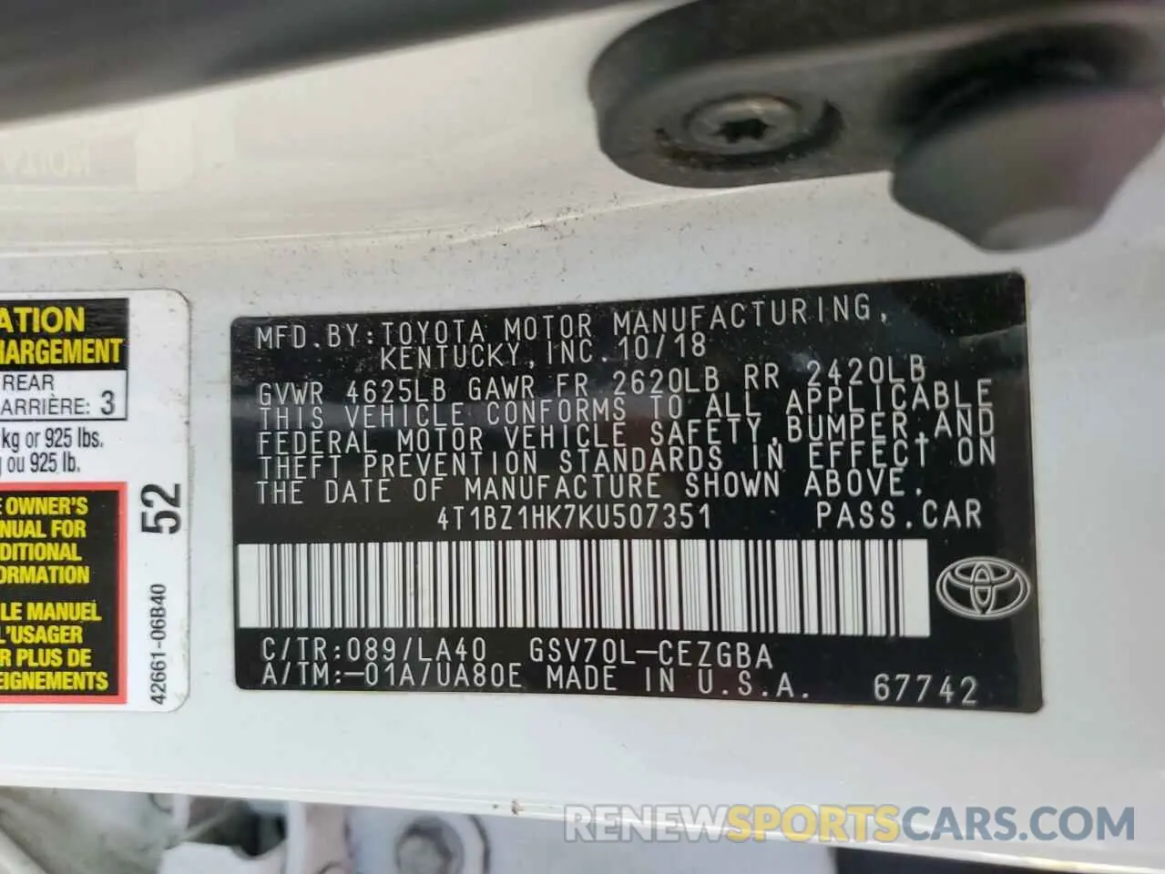 12 fotografías del automóvil dañado 4T1BZ1HK7KU507351 TOYOTA CAMRY 2019