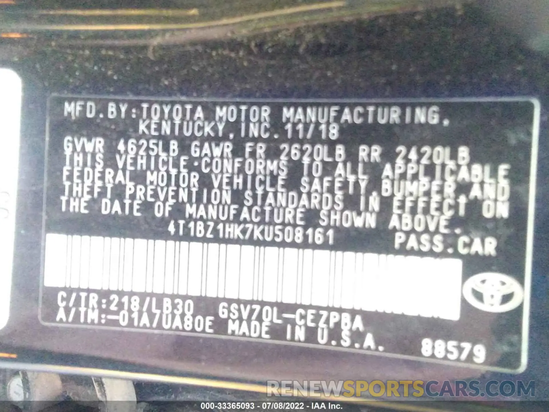 9 fotografías del automóvil dañado 4T1BZ1HK7KU508161 TOYOTA CAMRY 2019