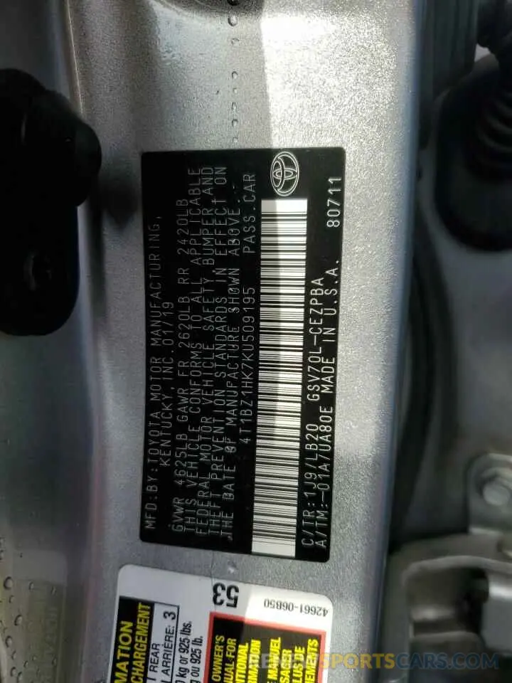 12 fotografías del automóvil dañado 4T1BZ1HK7KU509195 TOYOTA CAMRY 2019