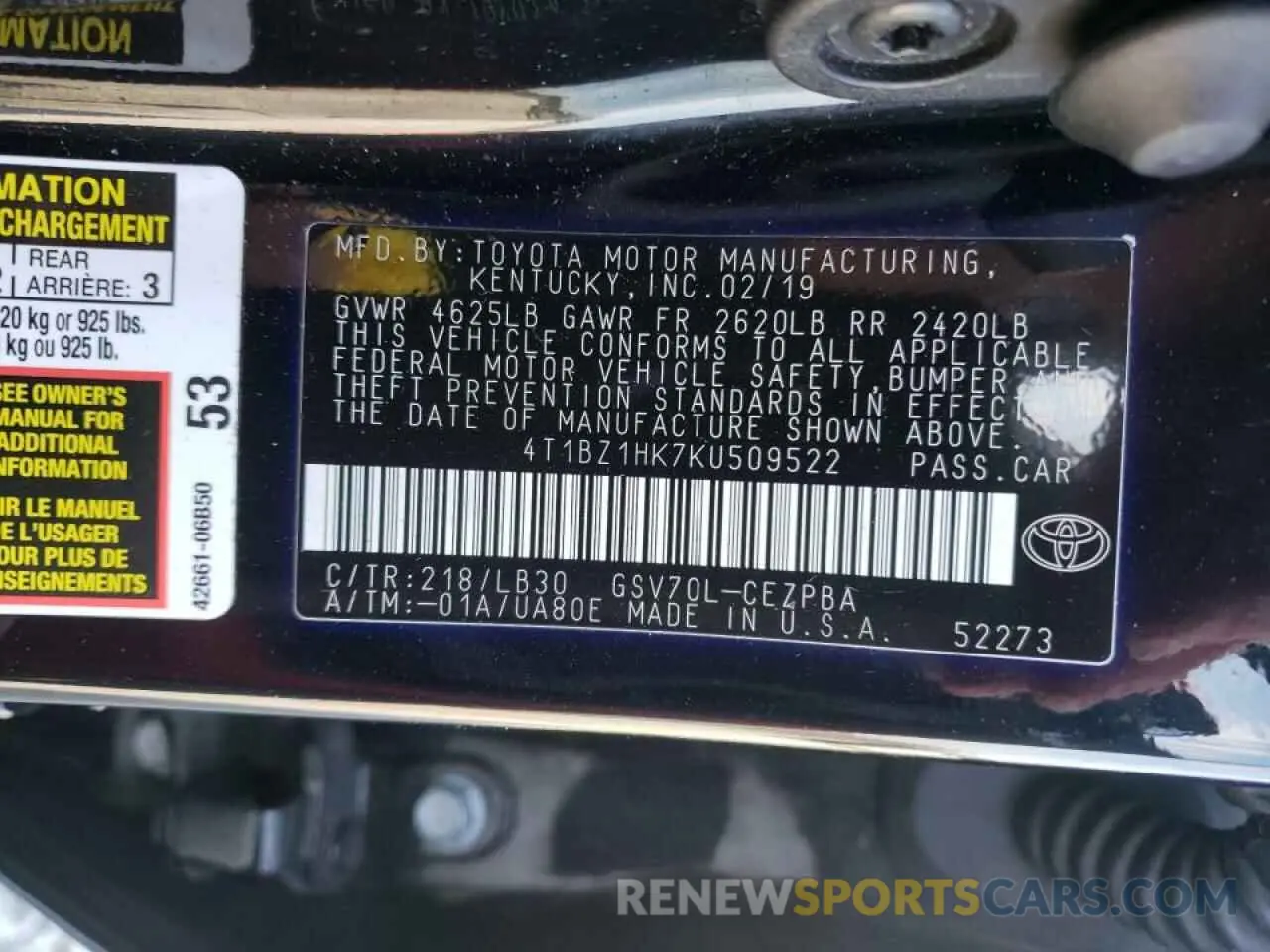 10 fotografías del automóvil dañado 4T1BZ1HK7KU509522 TOYOTA CAMRY 2019
