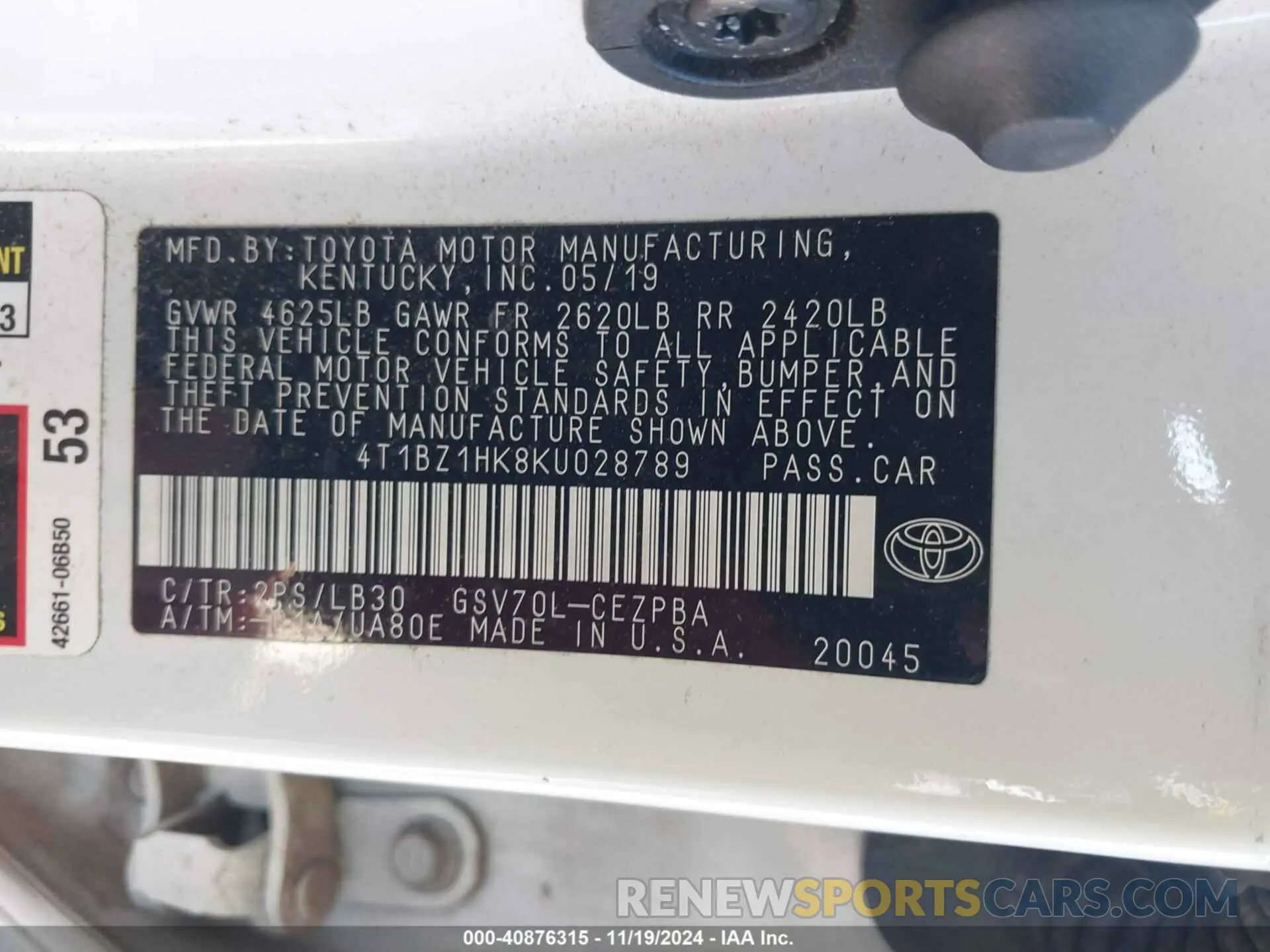 9 fotografías del automóvil dañado 4T1BZ1HK8KU028789 TOYOTA CAMRY 2019