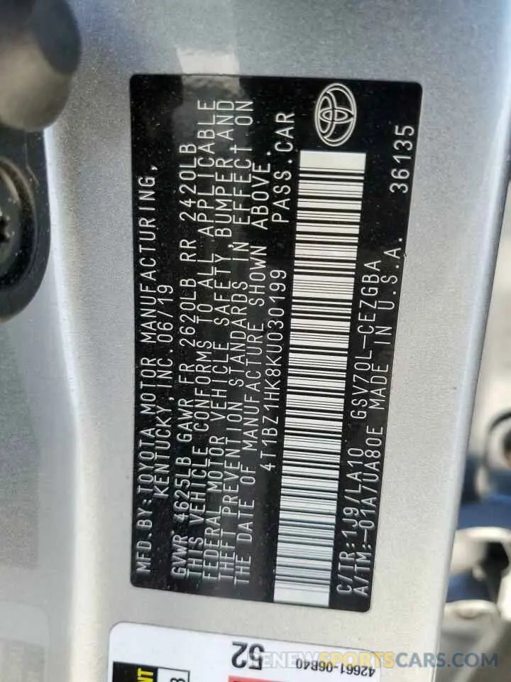 12 fotografías del automóvil dañado 4T1BZ1HK8KU030199 TOYOTA CAMRY 2019
