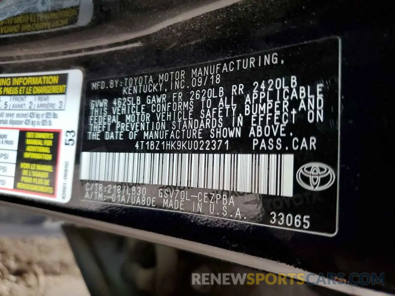 12 fotografías del automóvil dañado 4T1BZ1HK9KU022371 TOYOTA CAMRY 2019