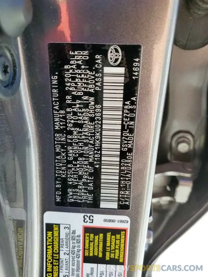 10 fotografías del automóvil dañado 4T1BZ1HK9KU023696 TOYOTA CAMRY 2019