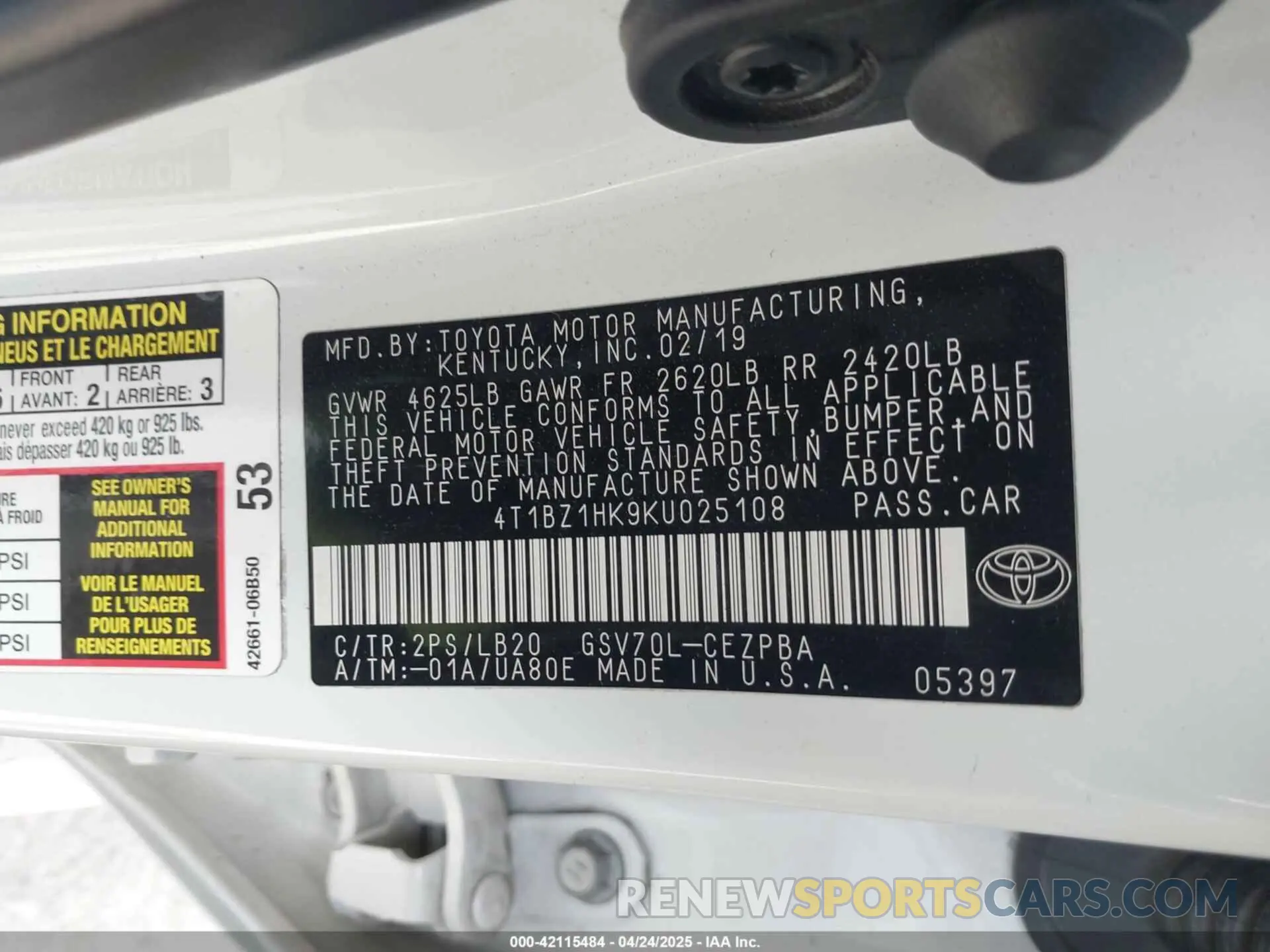 9 fotografías del automóvil dañado 4T1BZ1HK9KU025108 TOYOTA CAMRY 2019