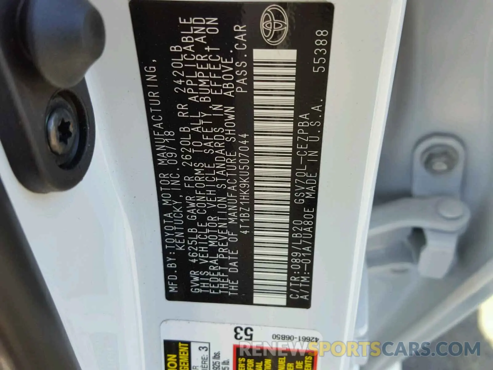 10 fotografías del automóvil dañado 4T1BZ1HK9KU507044 TOYOTA CAMRY 2019