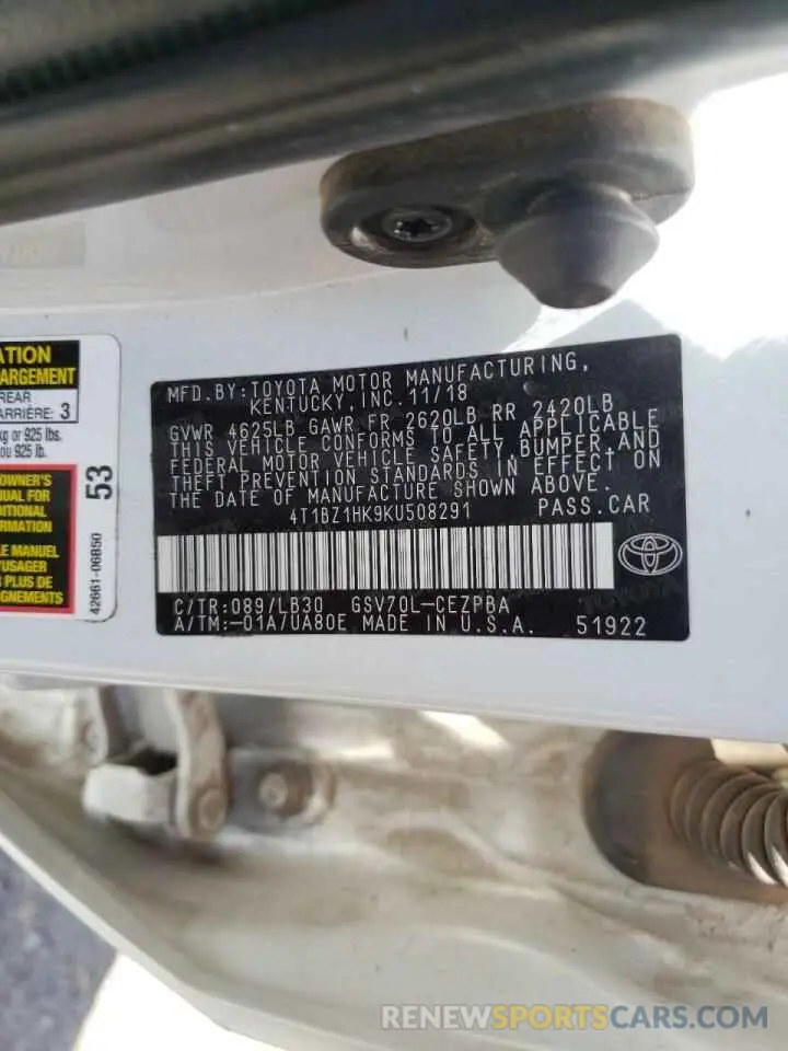 10 fotografías del automóvil dañado 4T1BZ1HK9KU508291 TOYOTA CAMRY 2019