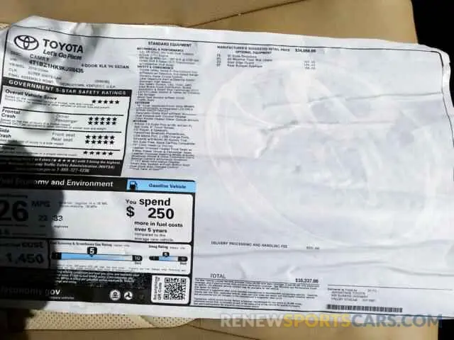 10 fotografías del automóvil dañado 4T1BZ1HK9KU508436 TOYOTA CAMRY 2019