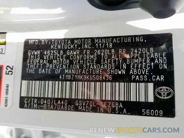 6 fotografías del automóvil dañado 4T1BZ1HK9KU508436 TOYOTA CAMRY 2019