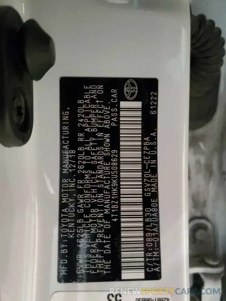 12 fotografías del automóvil dañado 4T1BZ1HK9KU508629 TOYOTA CAMRY 2019