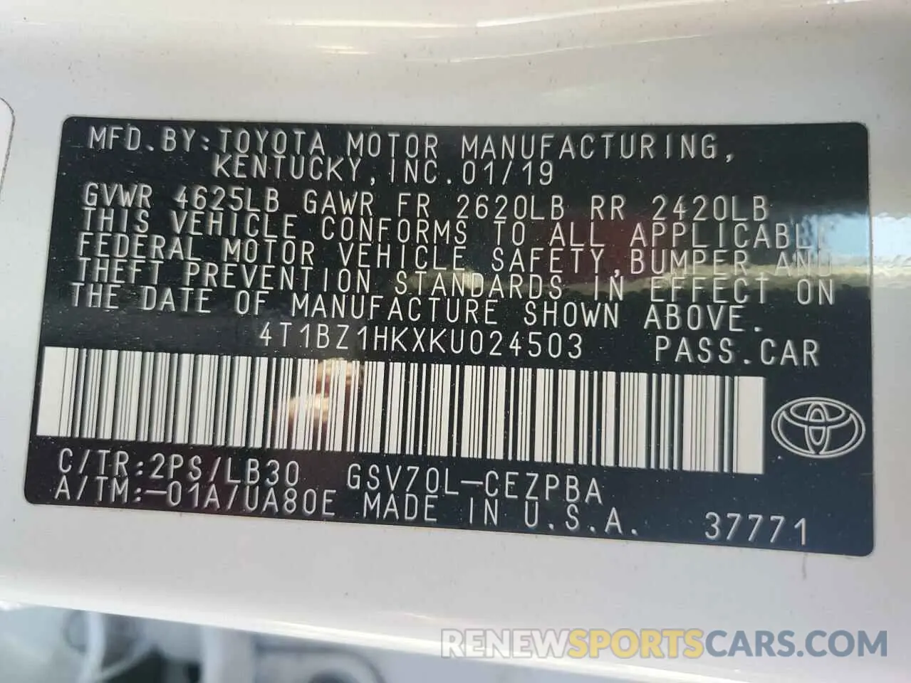 12 fotografías del automóvil dañado 4T1BZ1HKXKU024503 TOYOTA CAMRY 2019