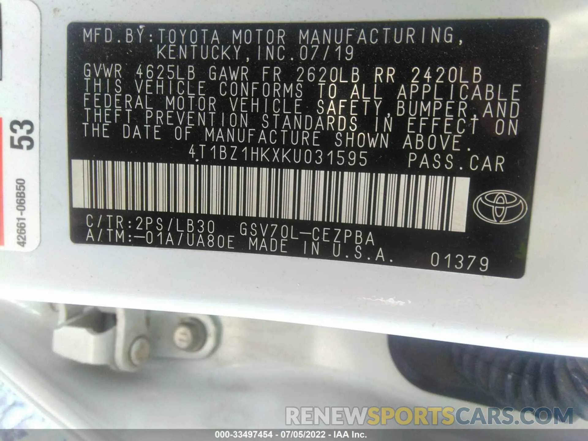 9 fotografías del automóvil dañado 4T1BZ1HKXKU031595 TOYOTA CAMRY 2019