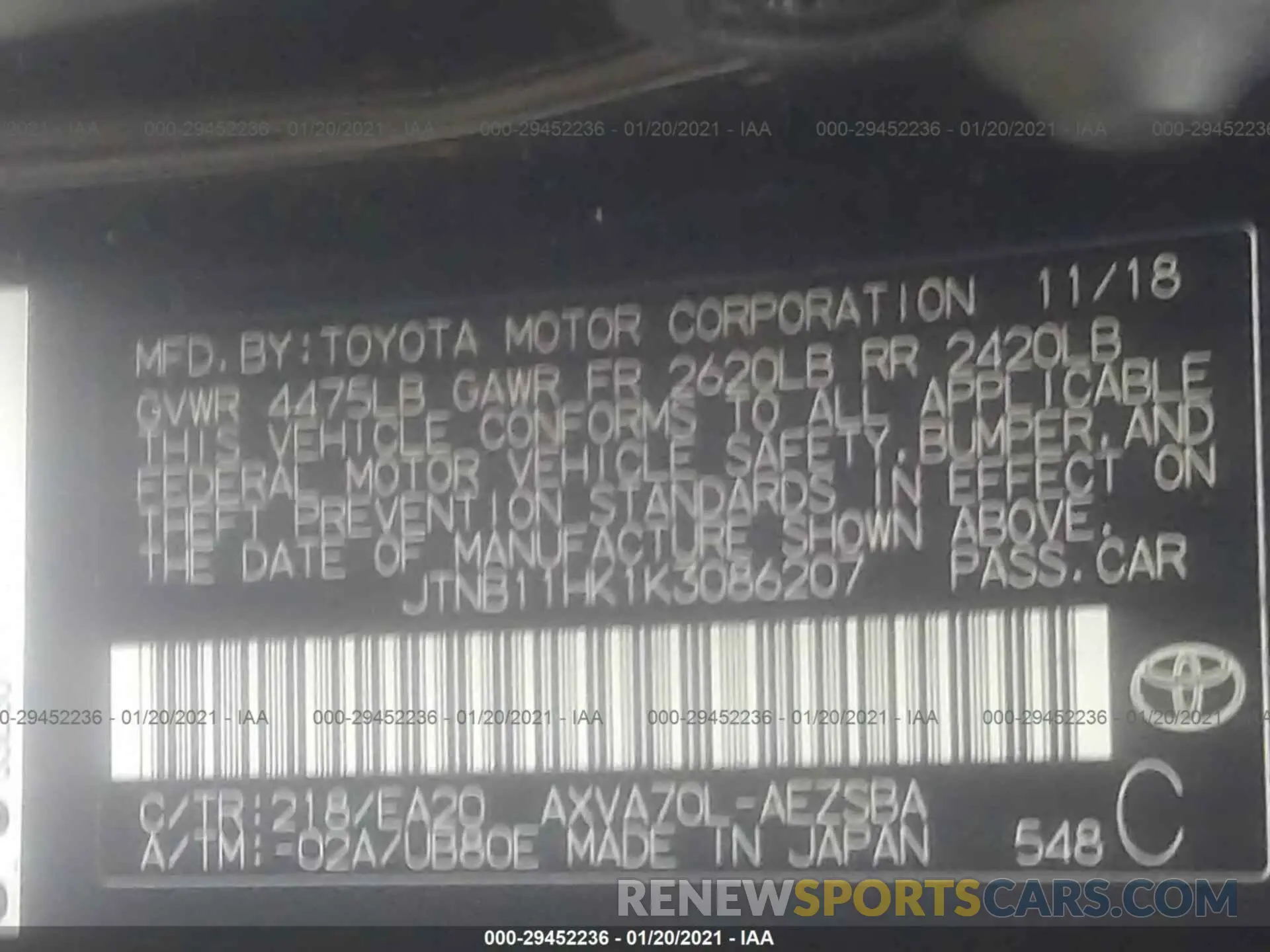 9 fotografías del automóvil dañado JTNB11HK1K3086207 TOYOTA CAMRY 2019
