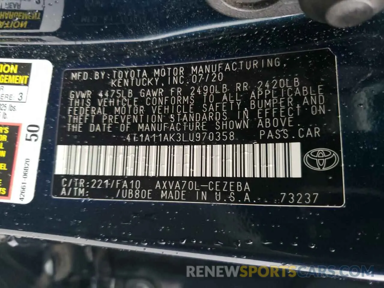 12 fotografías del automóvil dañado 4T1A11AK3LU970358 TOYOTA CAMRY 2020
