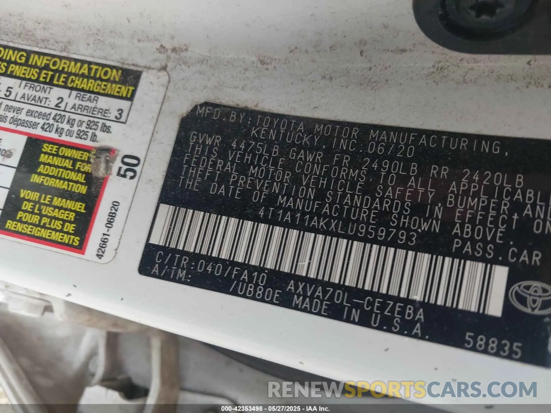 9 fotografías del automóvil dañado 4T1A11AKXLU959793 TOYOTA CAMRY 2020