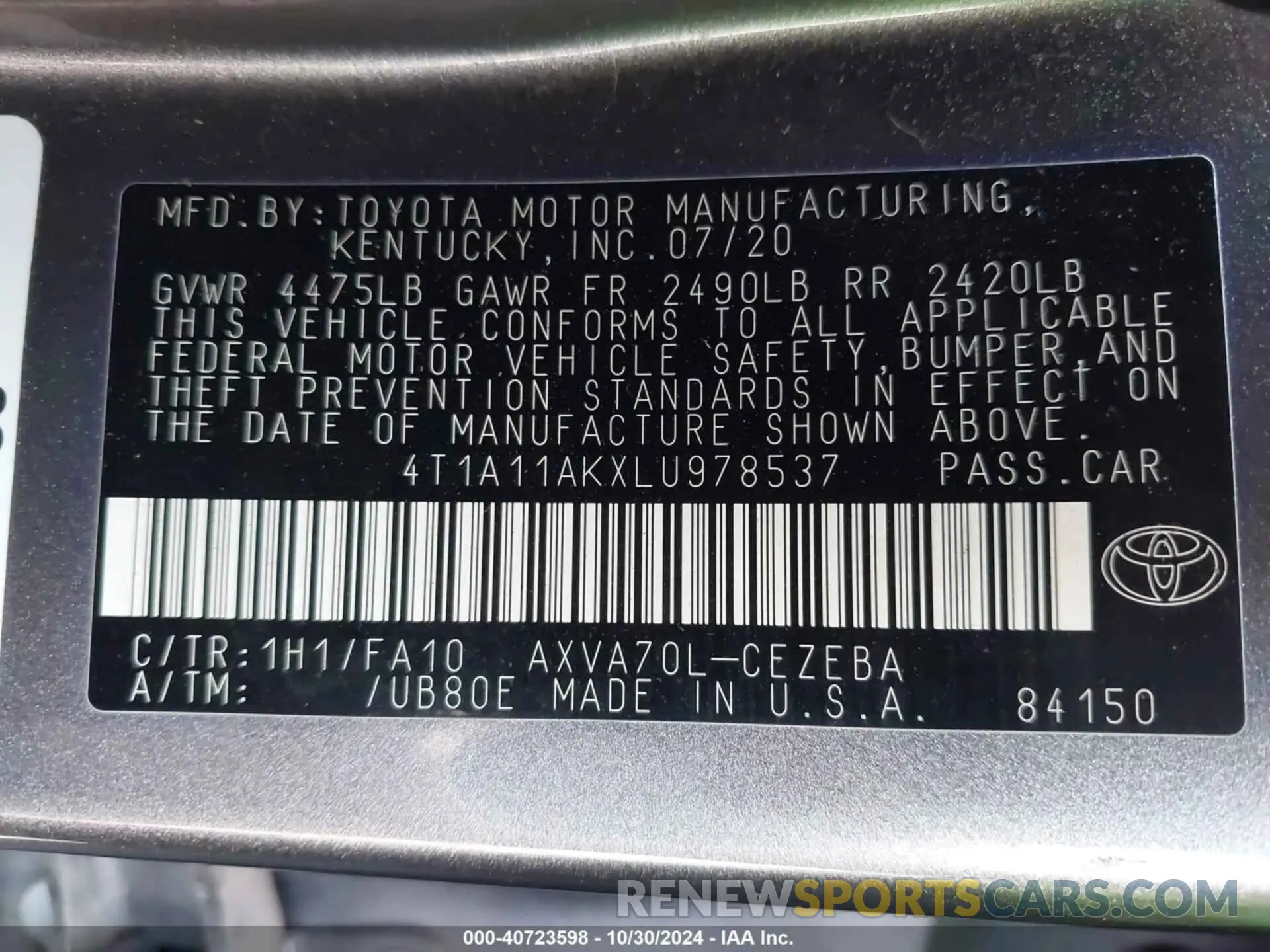 9 fotografías del automóvil dañado 4T1A11AKXLU978537 TOYOTA CAMRY 2020