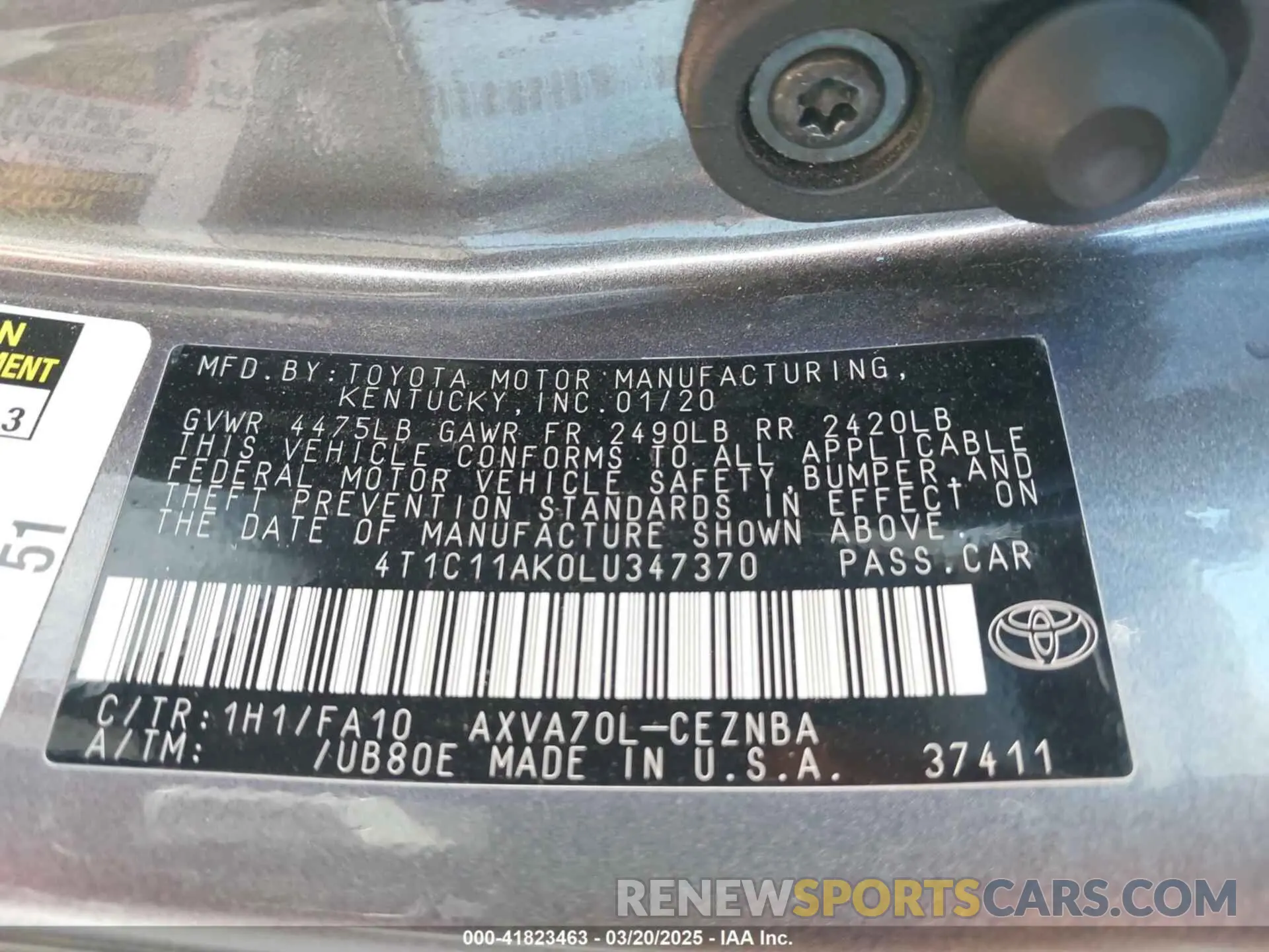 9 fotografías del automóvil dañado 4T1C11AK0LU347370 TOYOTA CAMRY 2020