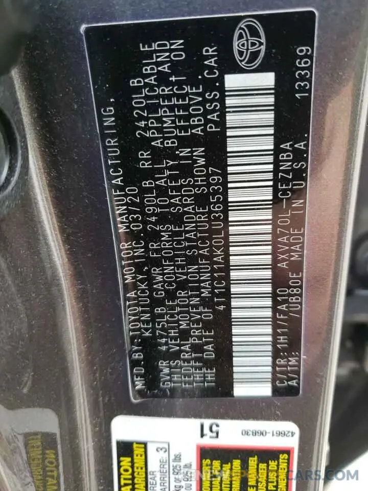 13 fotografías del automóvil dañado 4T1C11AK0LU365397 TOYOTA CAMRY 2020