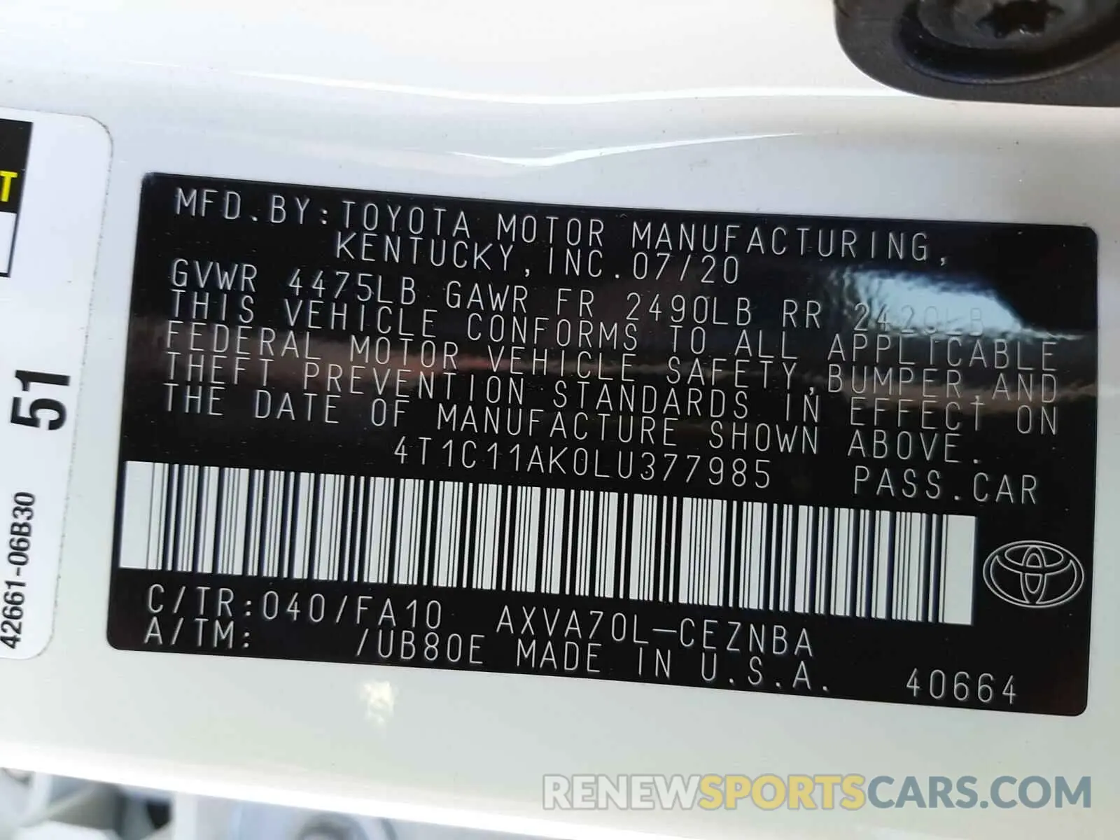 10 fotografías del automóvil dañado 4T1C11AK0LU377985 TOYOTA CAMRY 2020