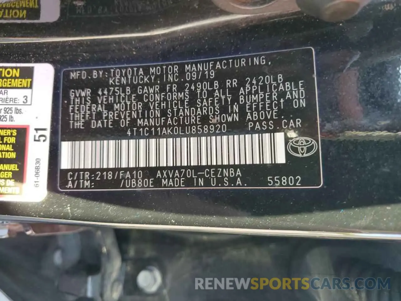 12 fotografías del automóvil dañado 4T1C11AK0LU858920 TOYOTA CAMRY 2020
