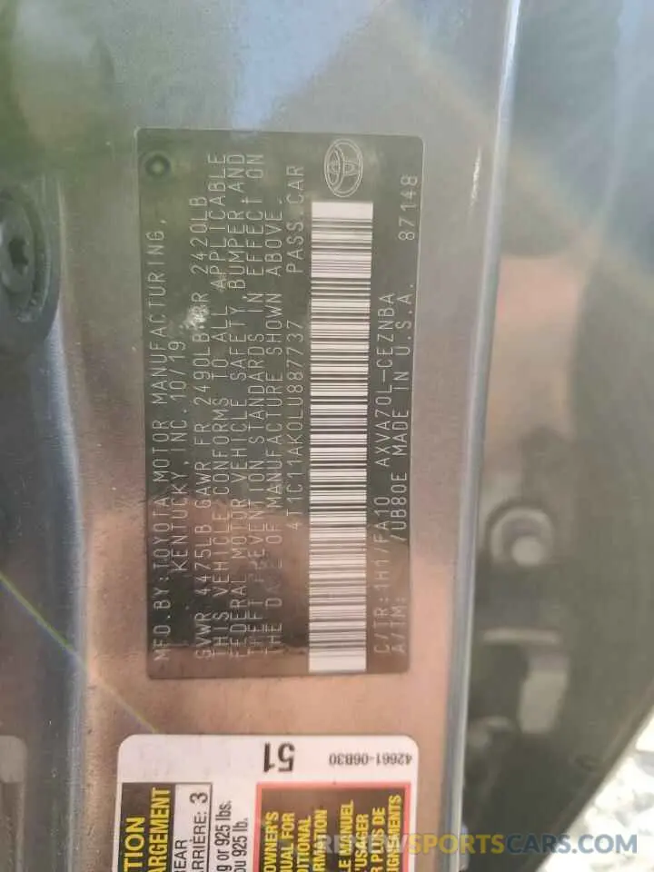 12 fotografías del automóvil dañado 4T1C11AK0LU887737 TOYOTA CAMRY 2020