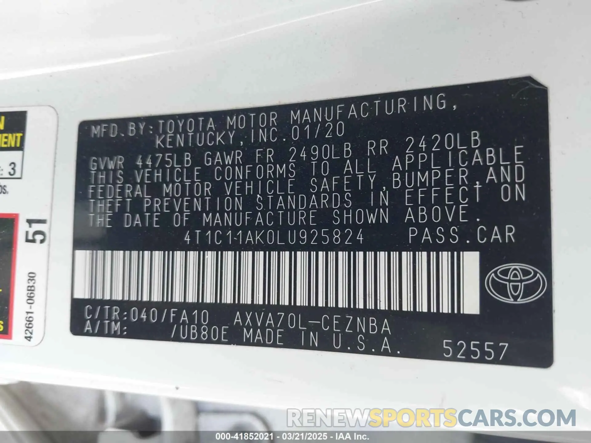 9 fotografías del automóvil dañado 4T1C11AK0LU925824 TOYOTA CAMRY 2020
