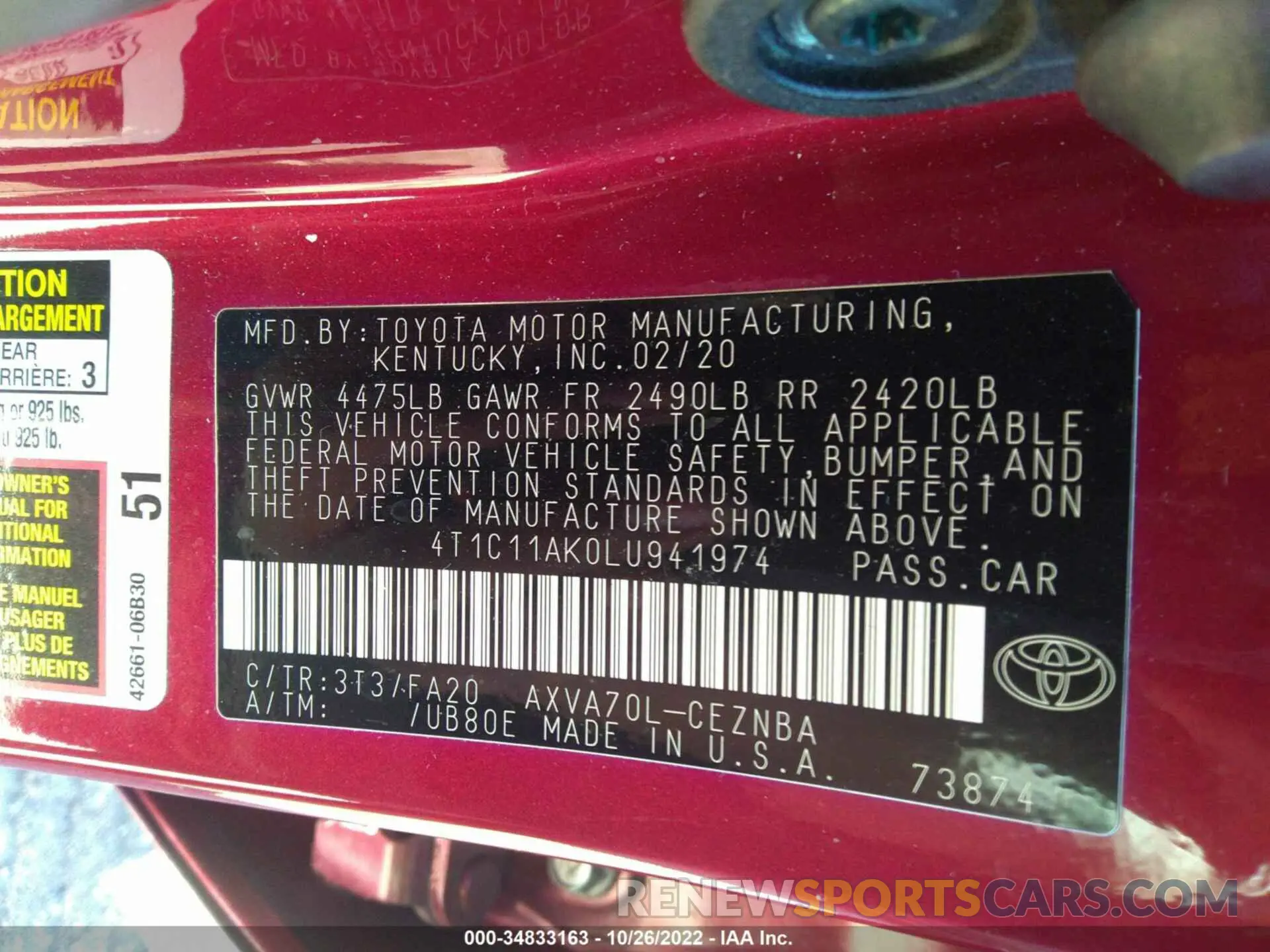 9 fotografías del automóvil dañado 4T1C11AK0LU941974 TOYOTA CAMRY 2020