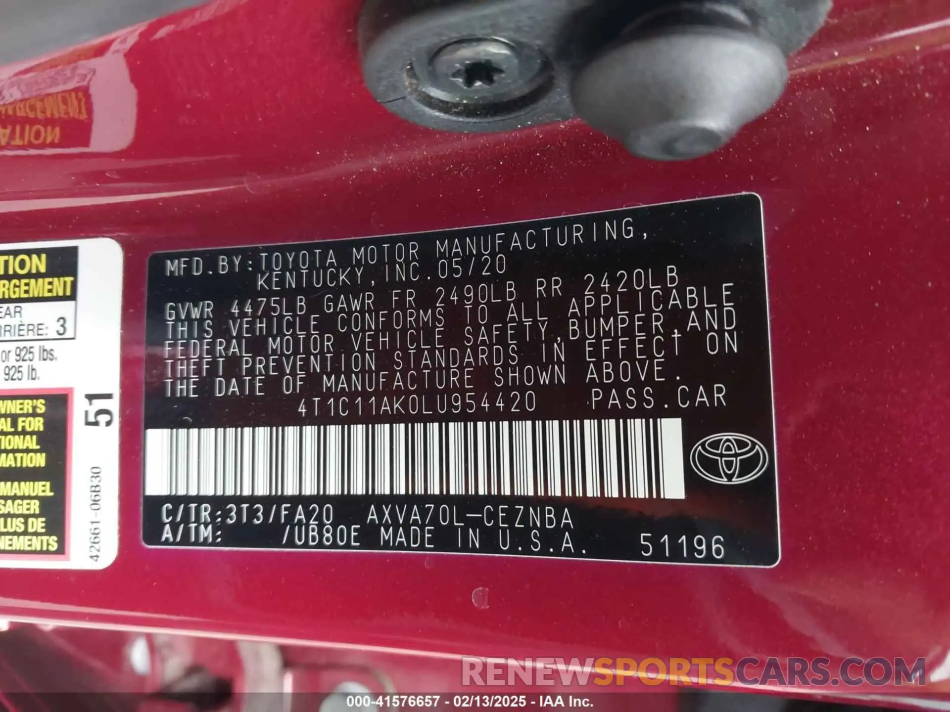9 fotografías del automóvil dañado 4T1C11AK0LU954420 TOYOTA CAMRY 2020