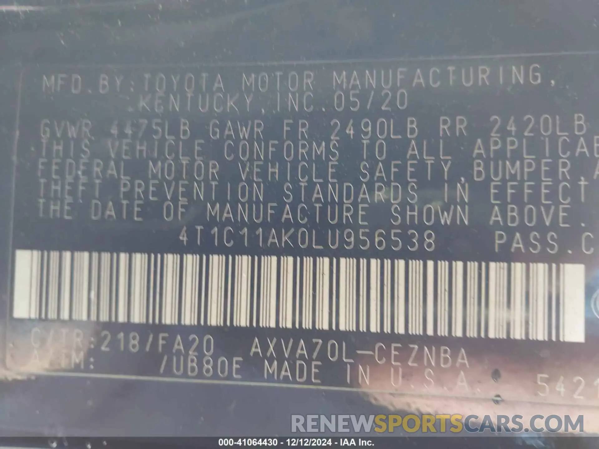 9 fotografías del automóvil dañado 4T1C11AK0LU956538 TOYOTA CAMRY 2020