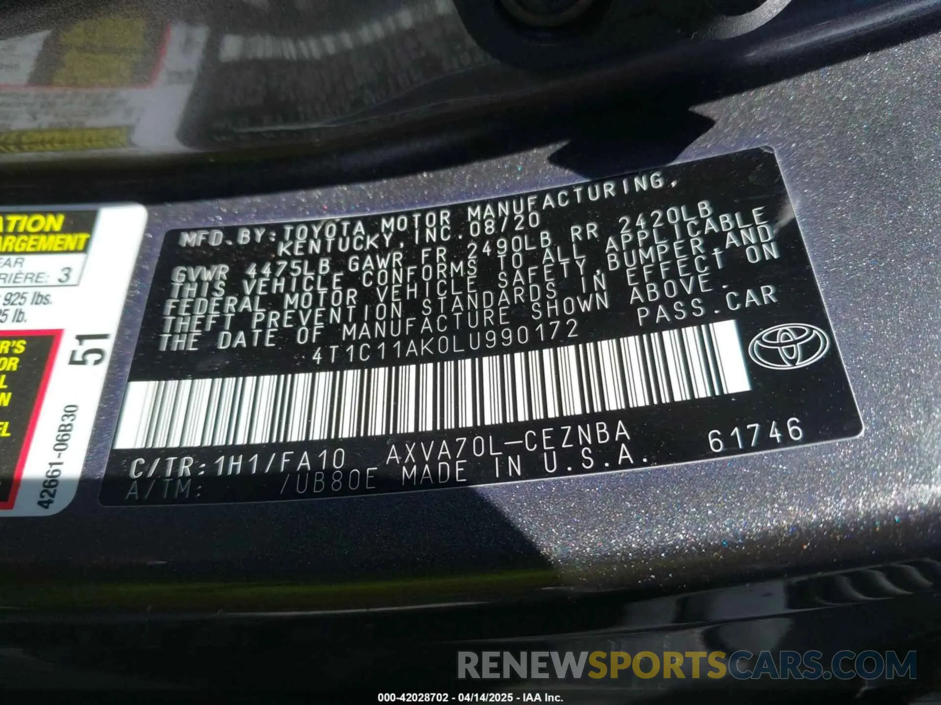9 fotografías del automóvil dañado 4T1C11AK0LU990172 TOYOTA CAMRY 2020