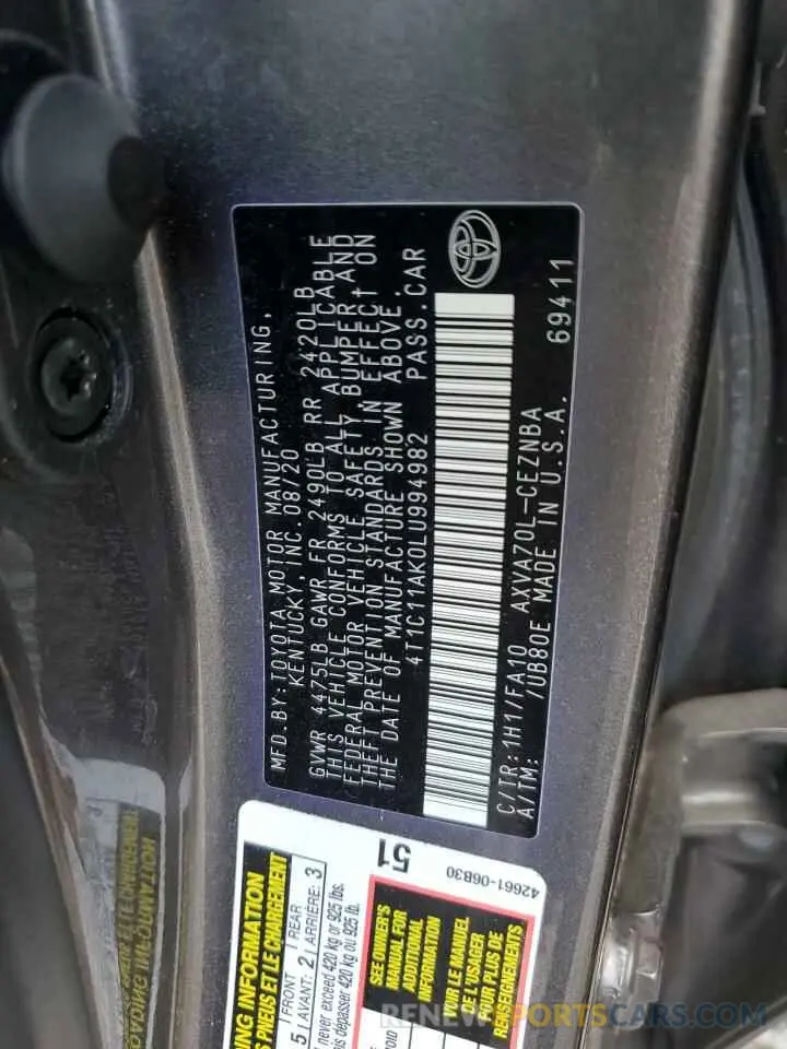 12 fotografías del automóvil dañado 4T1C11AK0LU994982 TOYOTA CAMRY 2020