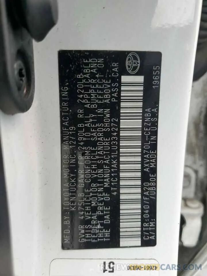 12 fotografías del automóvil dañado 4T1C11AK1LU334272 TOYOTA CAMRY 2020