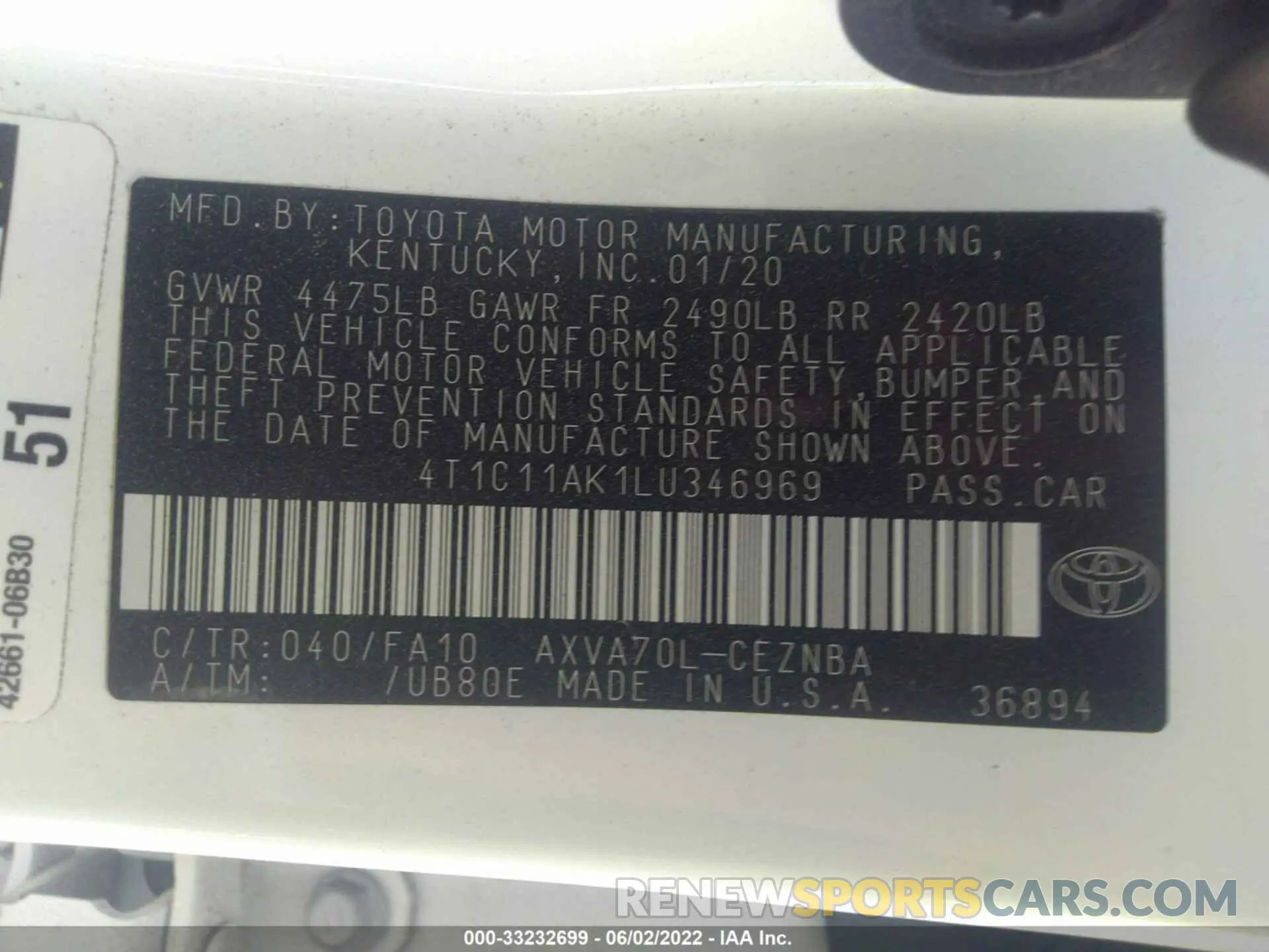 9 fotografías del automóvil dañado 4T1C11AK1LU346969 TOYOTA CAMRY 2020