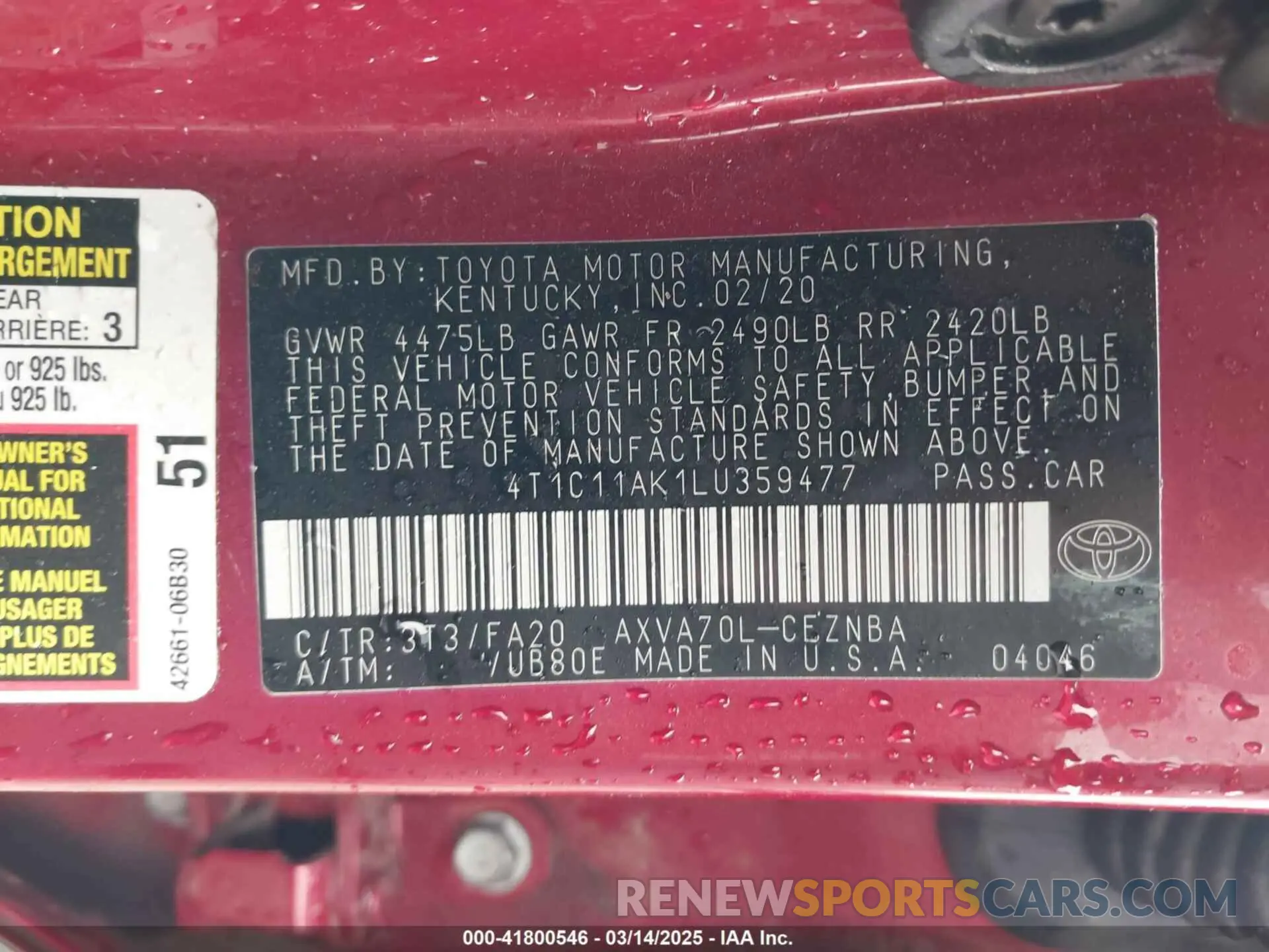 9 fotografías del automóvil dañado 4T1C11AK1LU359477 TOYOTA CAMRY 2020