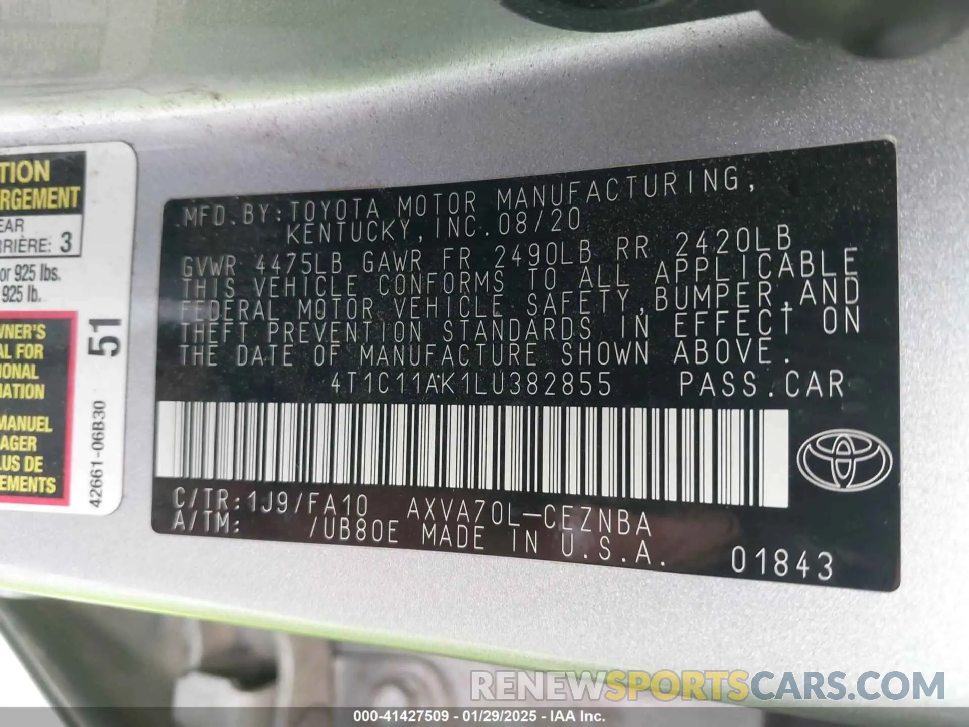 9 fotografías del automóvil dañado 4T1C11AK1LU382855 TOYOTA CAMRY 2020