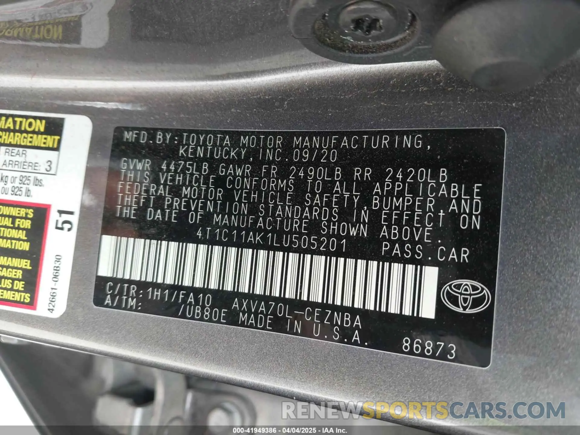 9 fotografías del automóvil dañado 4T1C11AK1LU505201 TOYOTA CAMRY 2020