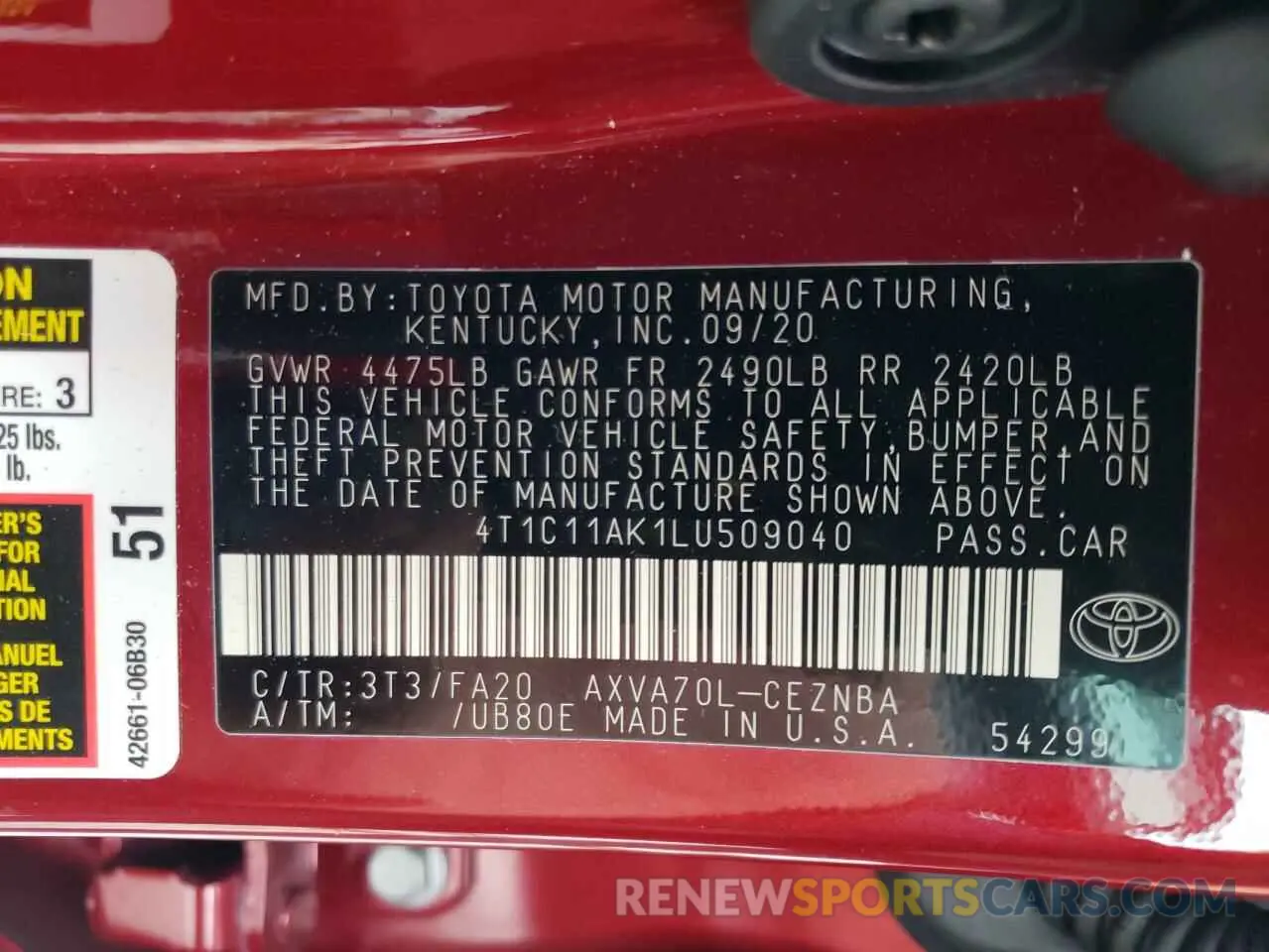 10 fotografías del automóvil dañado 4T1C11AK1LU509040 TOYOTA CAMRY 2020