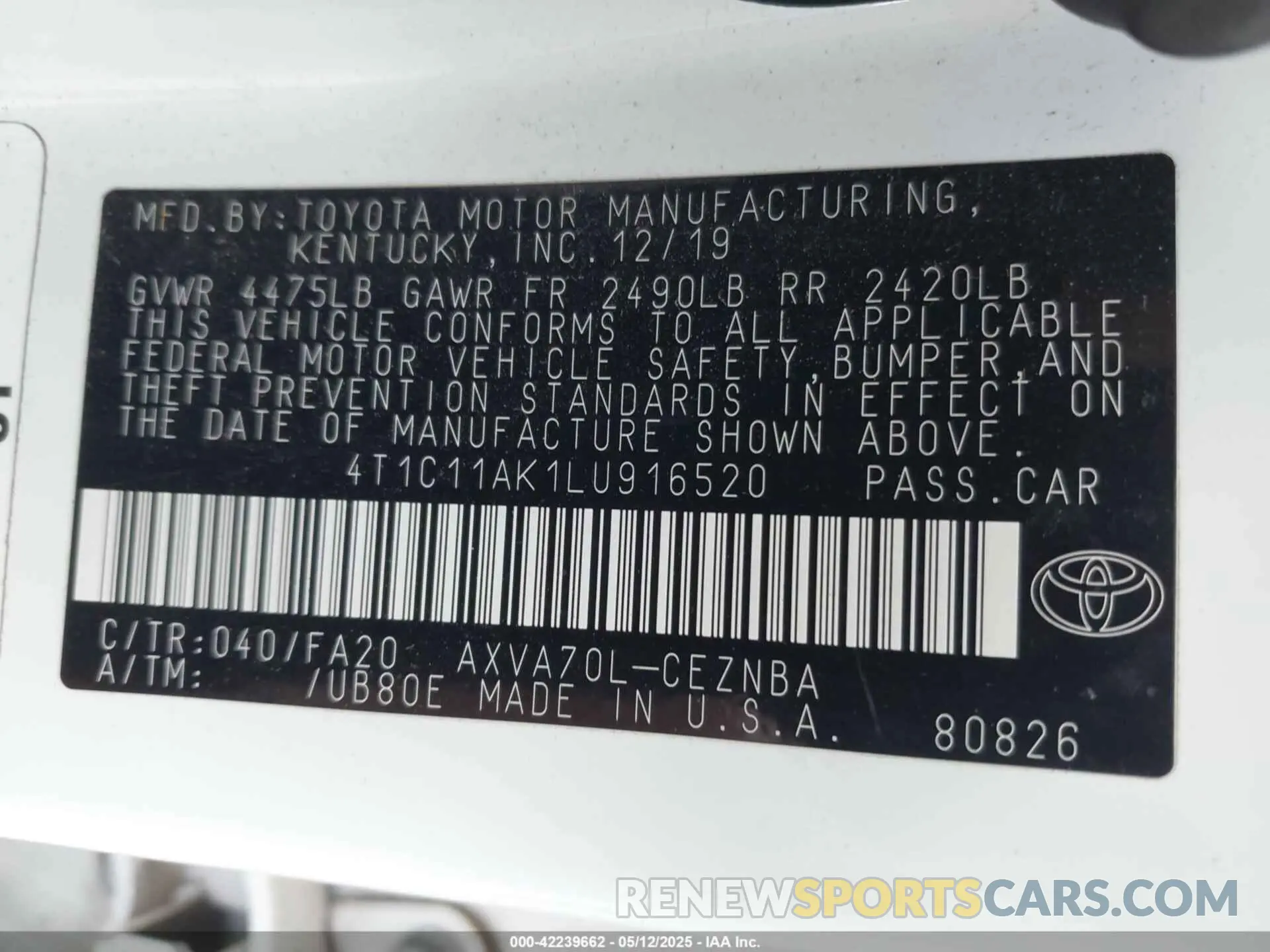 9 fotografías del automóvil dañado 4T1C11AK1LU916520 TOYOTA CAMRY 2020
