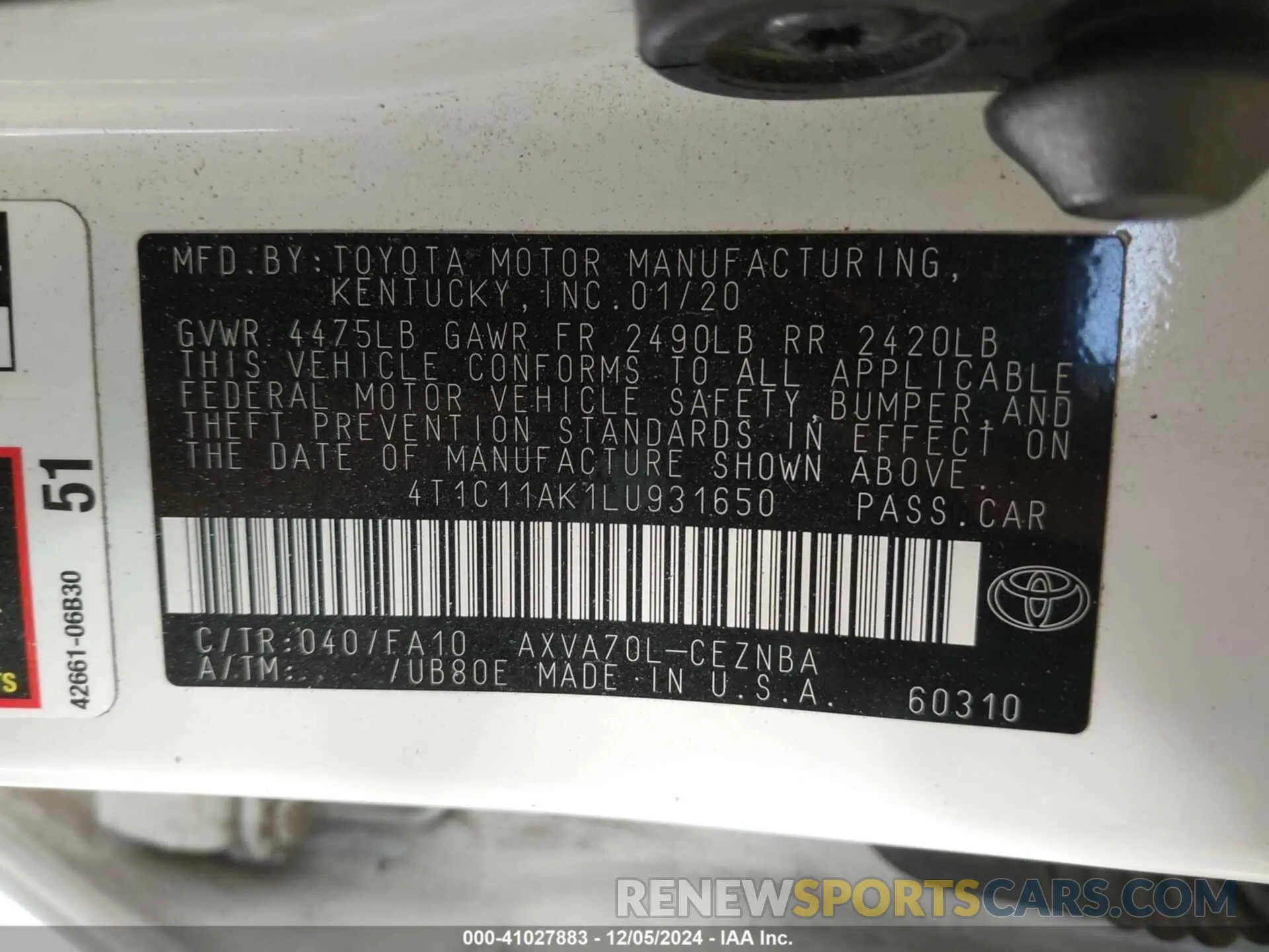9 fotografías del automóvil dañado 4T1C11AK1LU931650 TOYOTA CAMRY 2020