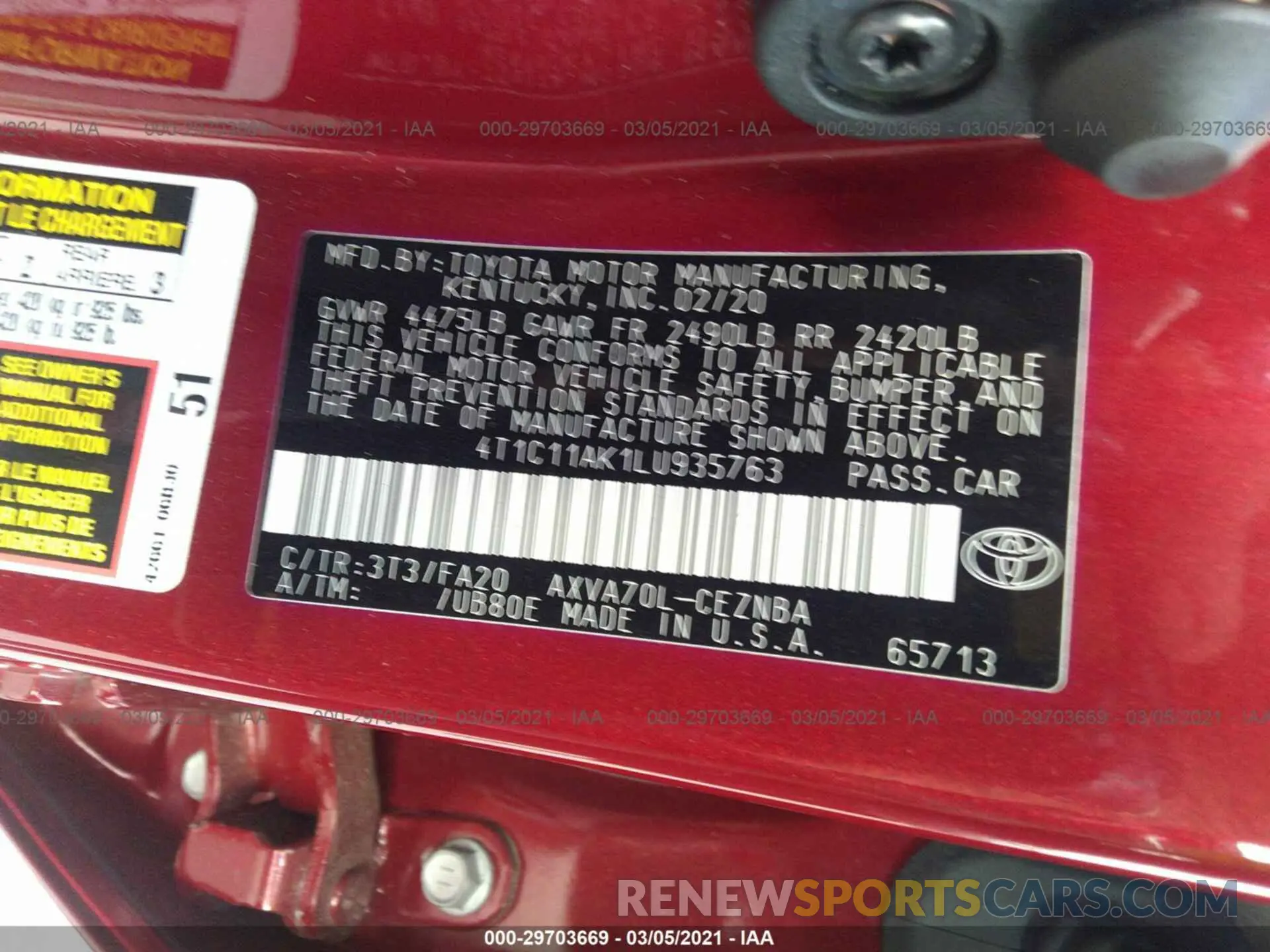 9 fotografías del automóvil dañado 4T1C11AK1LU935763 TOYOTA CAMRY 2020