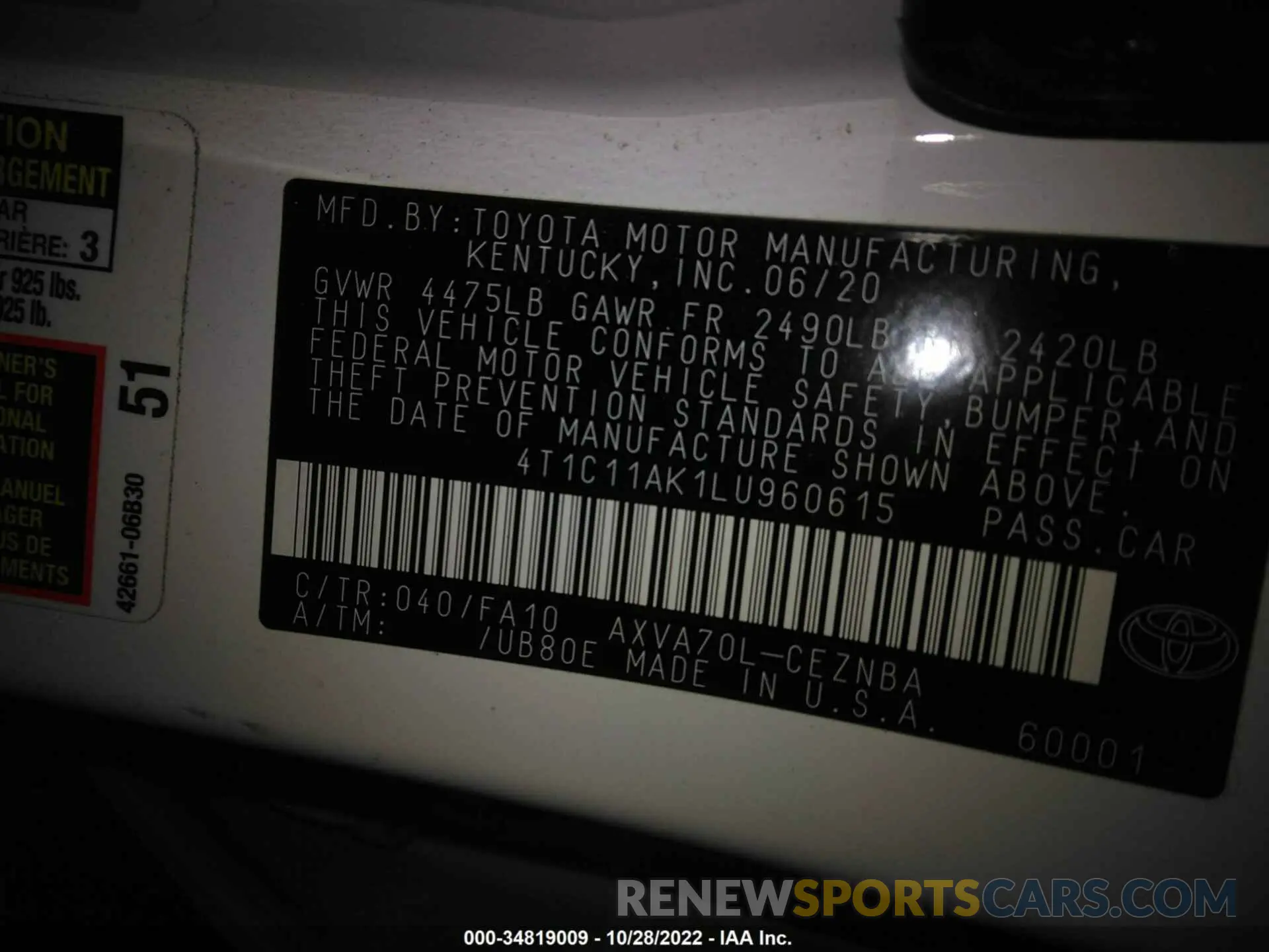 9 fotografías del automóvil dañado 4T1C11AK1LU960615 TOYOTA CAMRY 2020