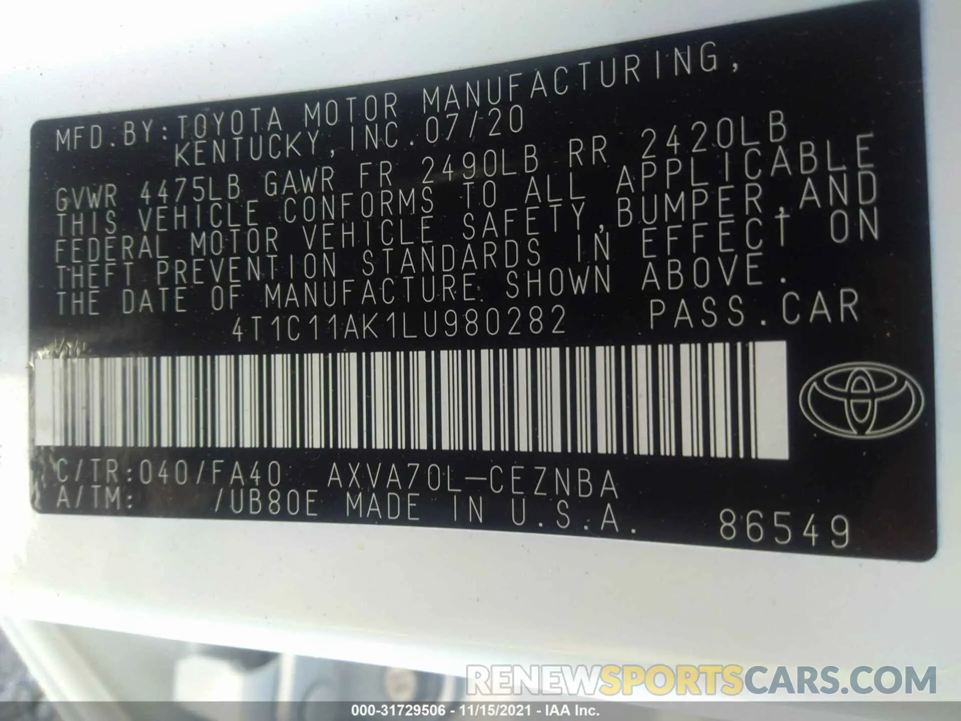 9 fotografías del automóvil dañado 4T1C11AK1LU980282 TOYOTA CAMRY 2020